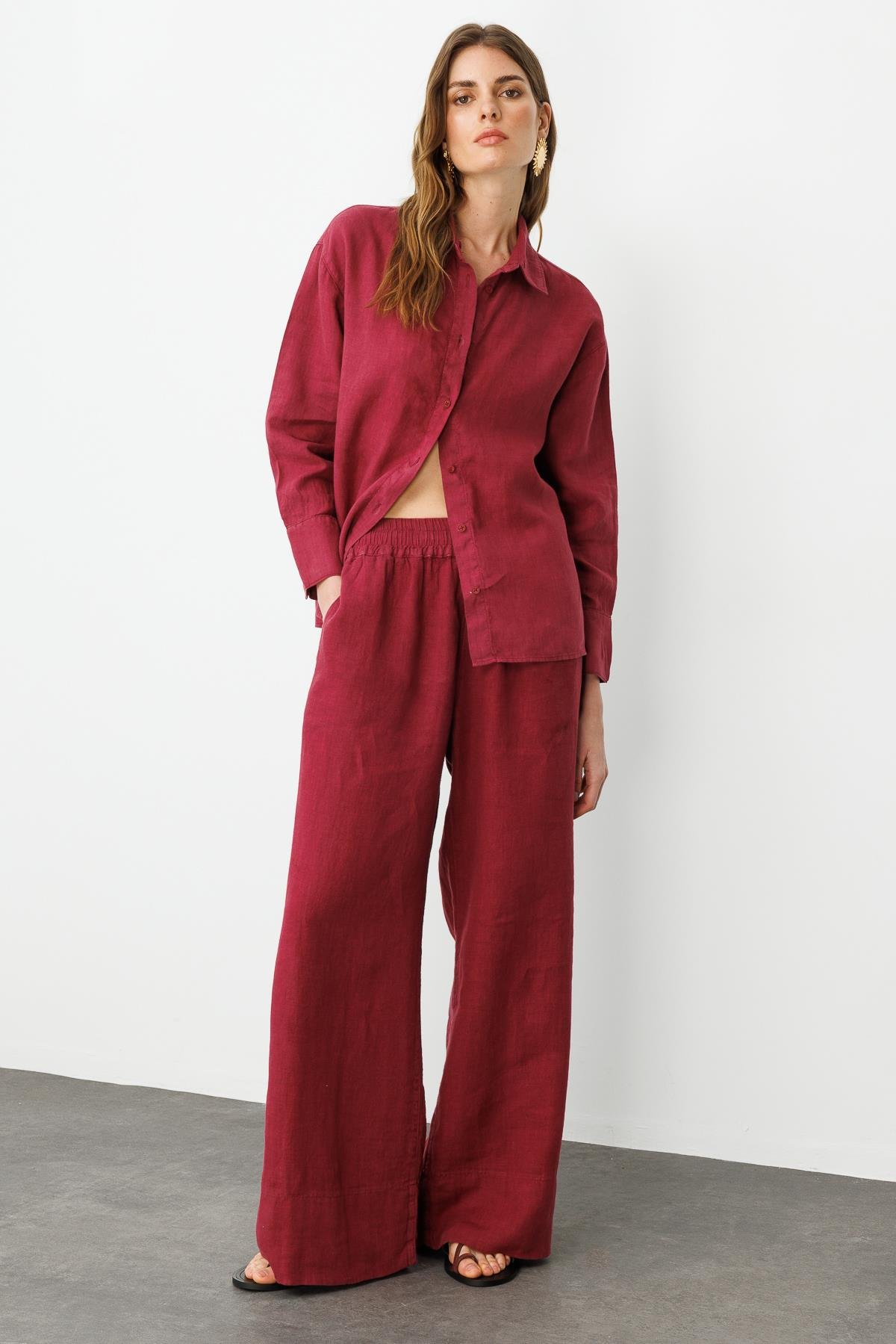 Vişne Önden Düğmeli %100 Keten Gömlek