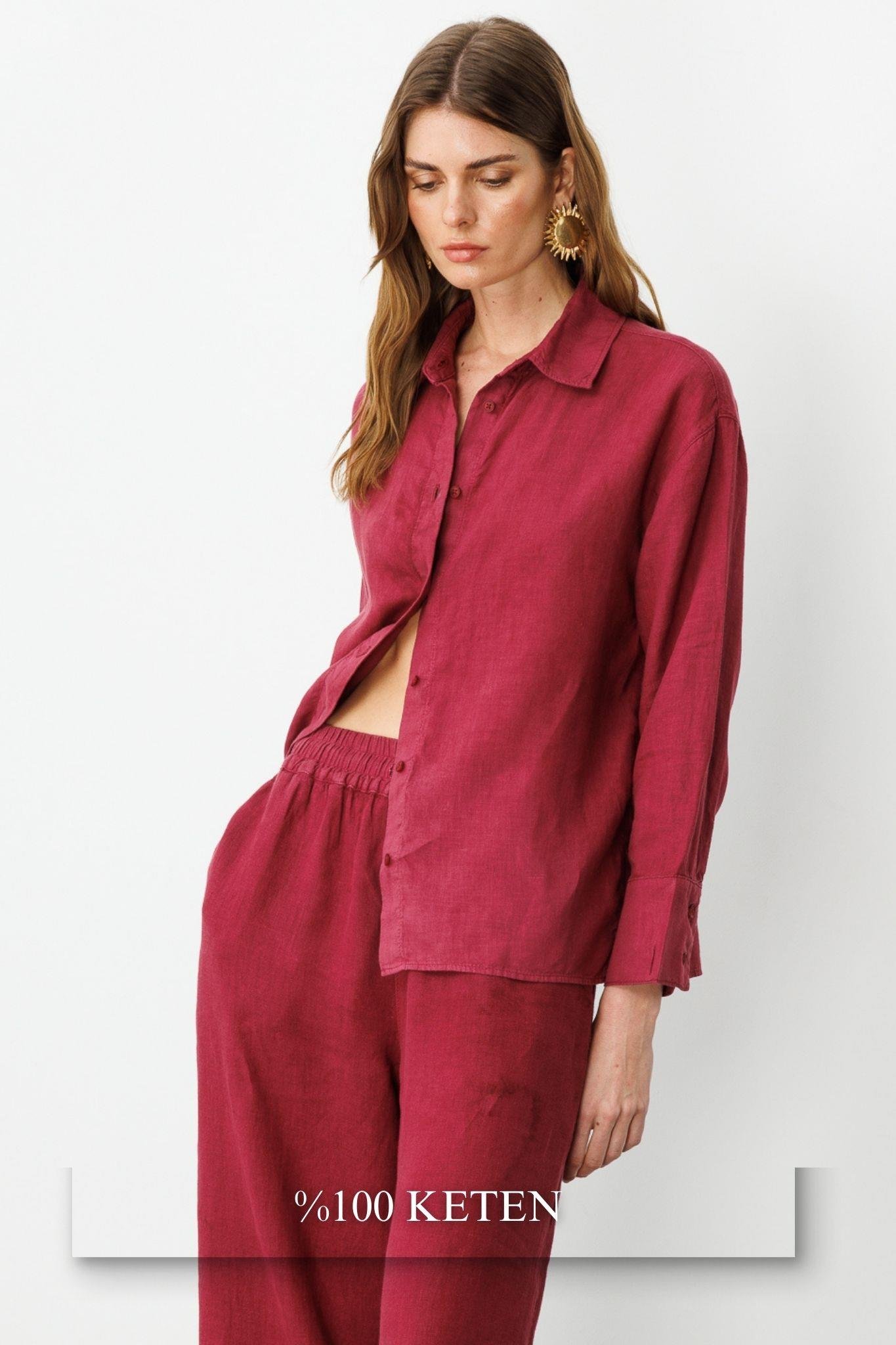 Vişne Önden Düğmeli %100 Keten Gömlek