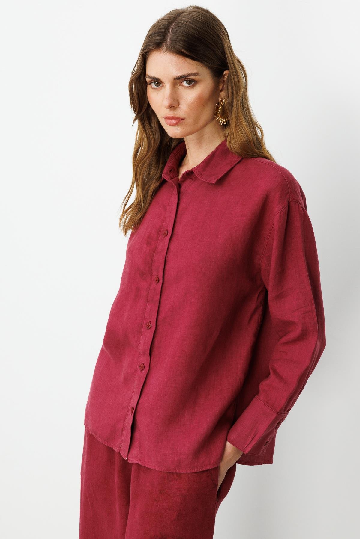 Vişne Önden Düğmeli %100 Keten Gömlek