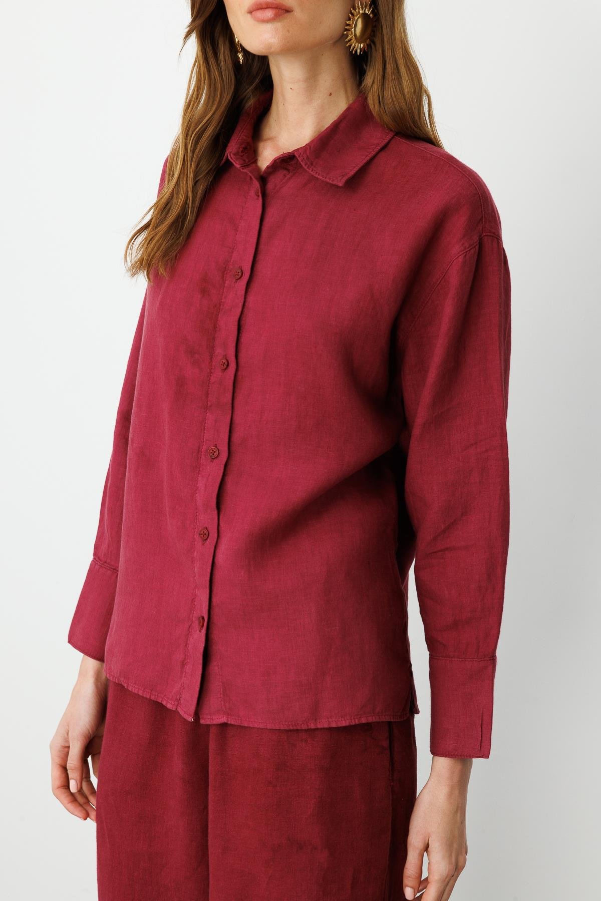 Vişne Önden Düğmeli %100 Keten Gömlek