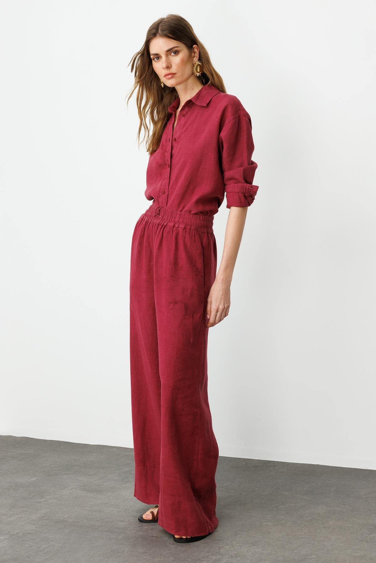 Vişne Önden Düğmeli %100 Keten Gömlek