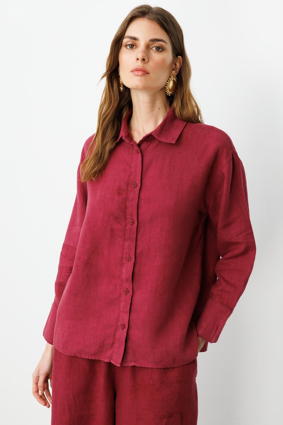 Vişne Önden Düğmeli %100 Keten Gömlek