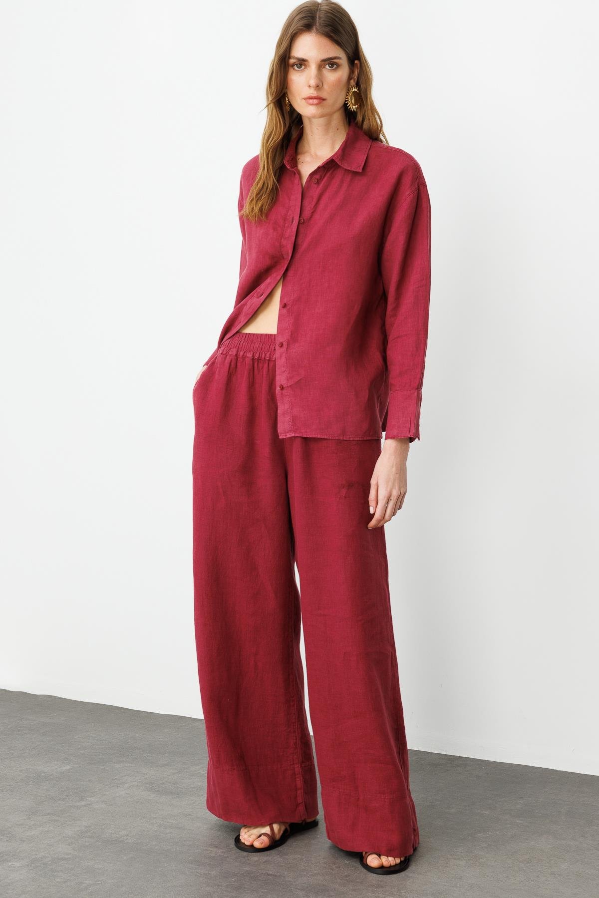 Vişne Önden Düğmeli %100 Keten Gömlek