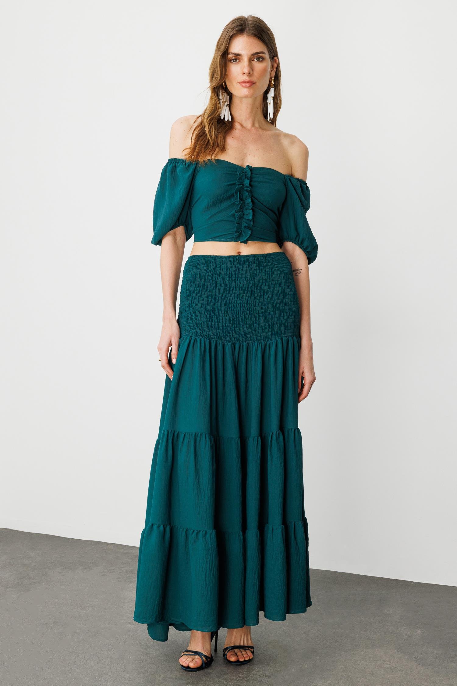 Yeşil Boho Gipe Detaylı Maxi Volümlü Etek