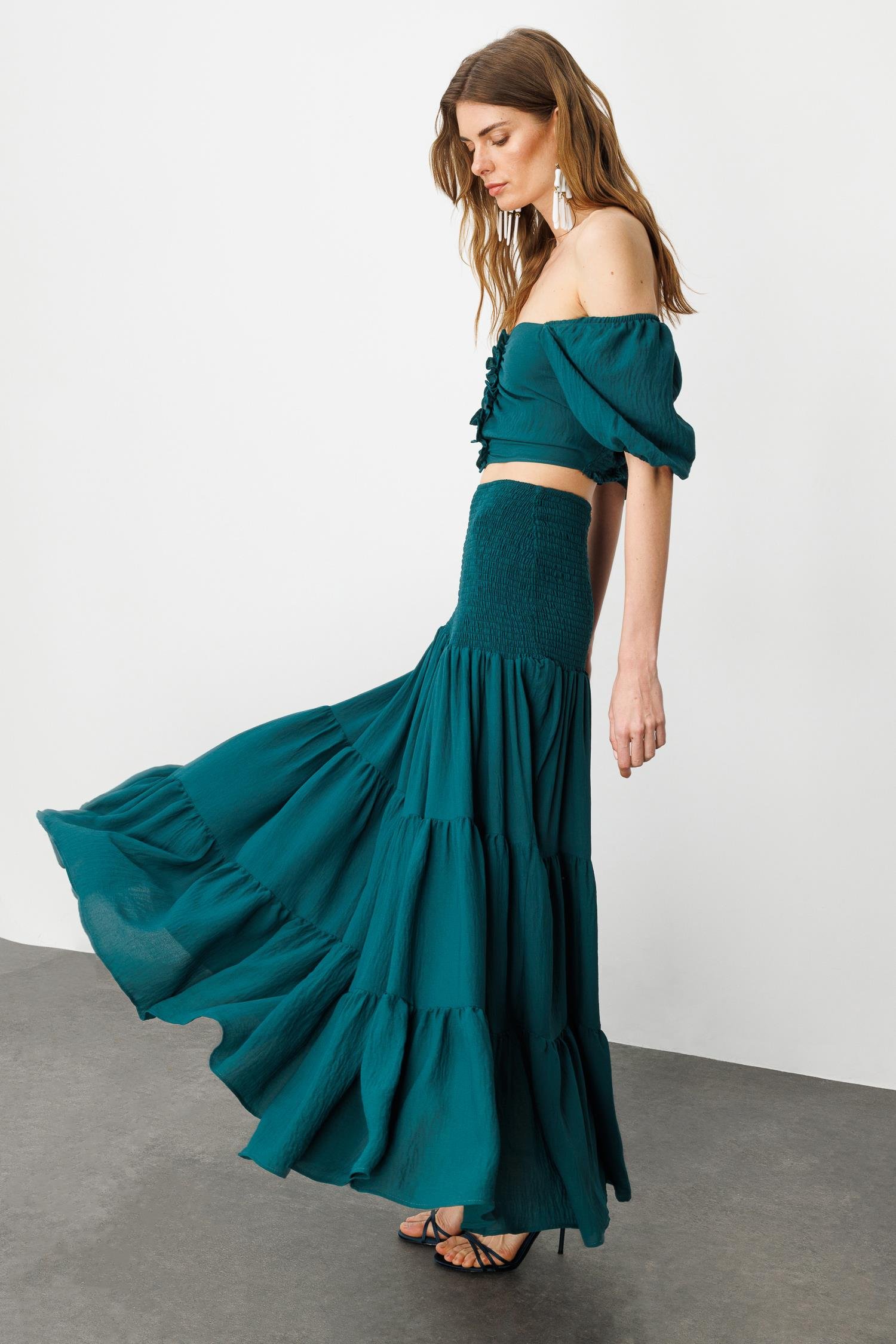 Yeşil Boho Gipe Detaylı Maxi Volümlü Etek