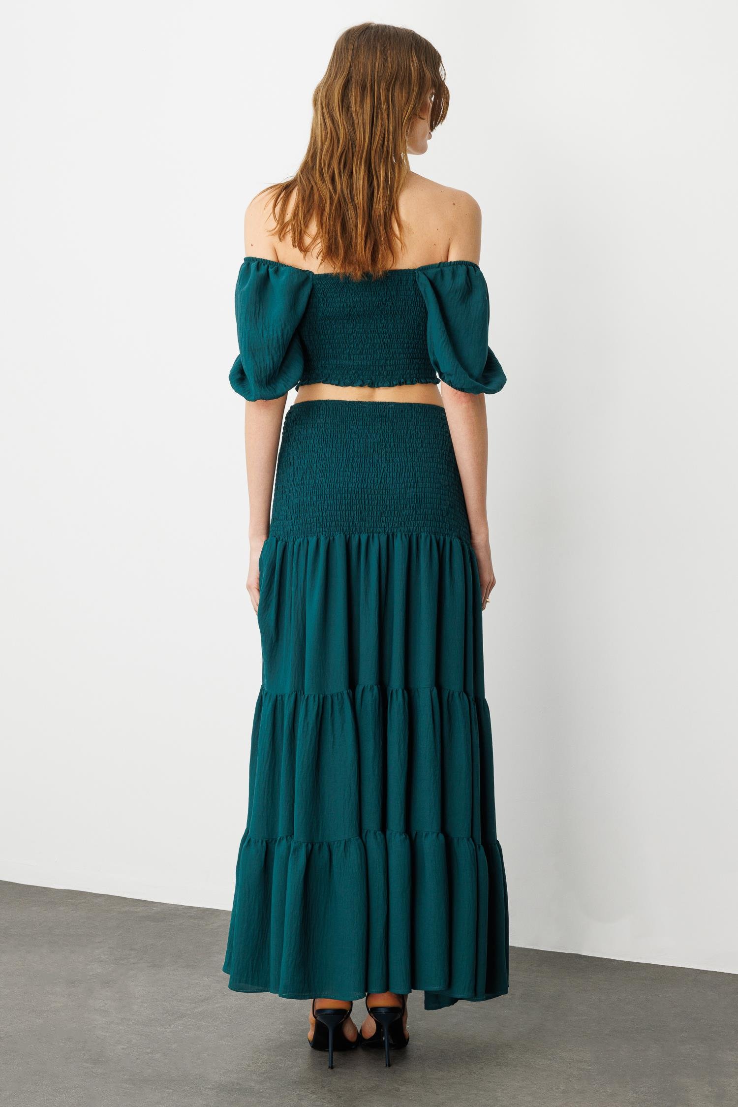 Yeşil Boho Gipe Detaylı Maxi Volümlü Etek