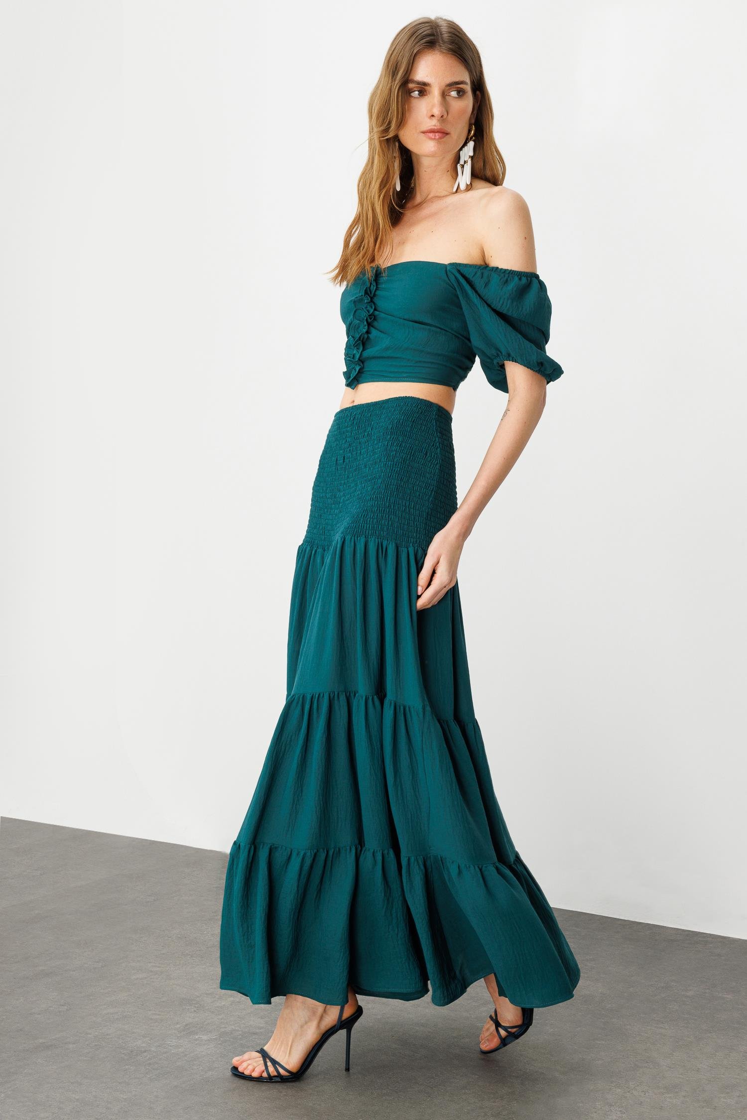 Yeşil Boho Gipe Detaylı Maxi Volümlü Etek