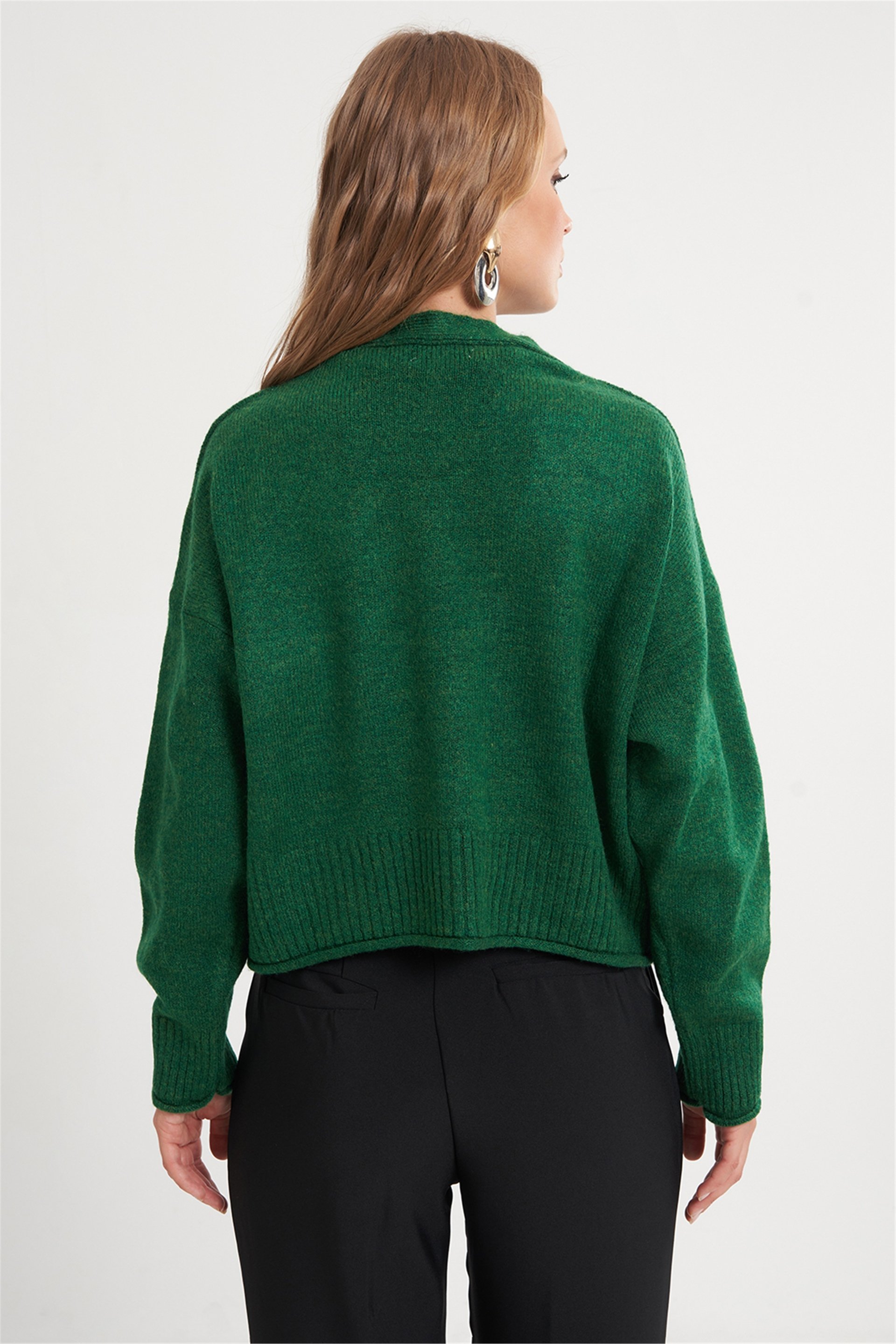 Yeşil V Yaka Crop Basic Hırka