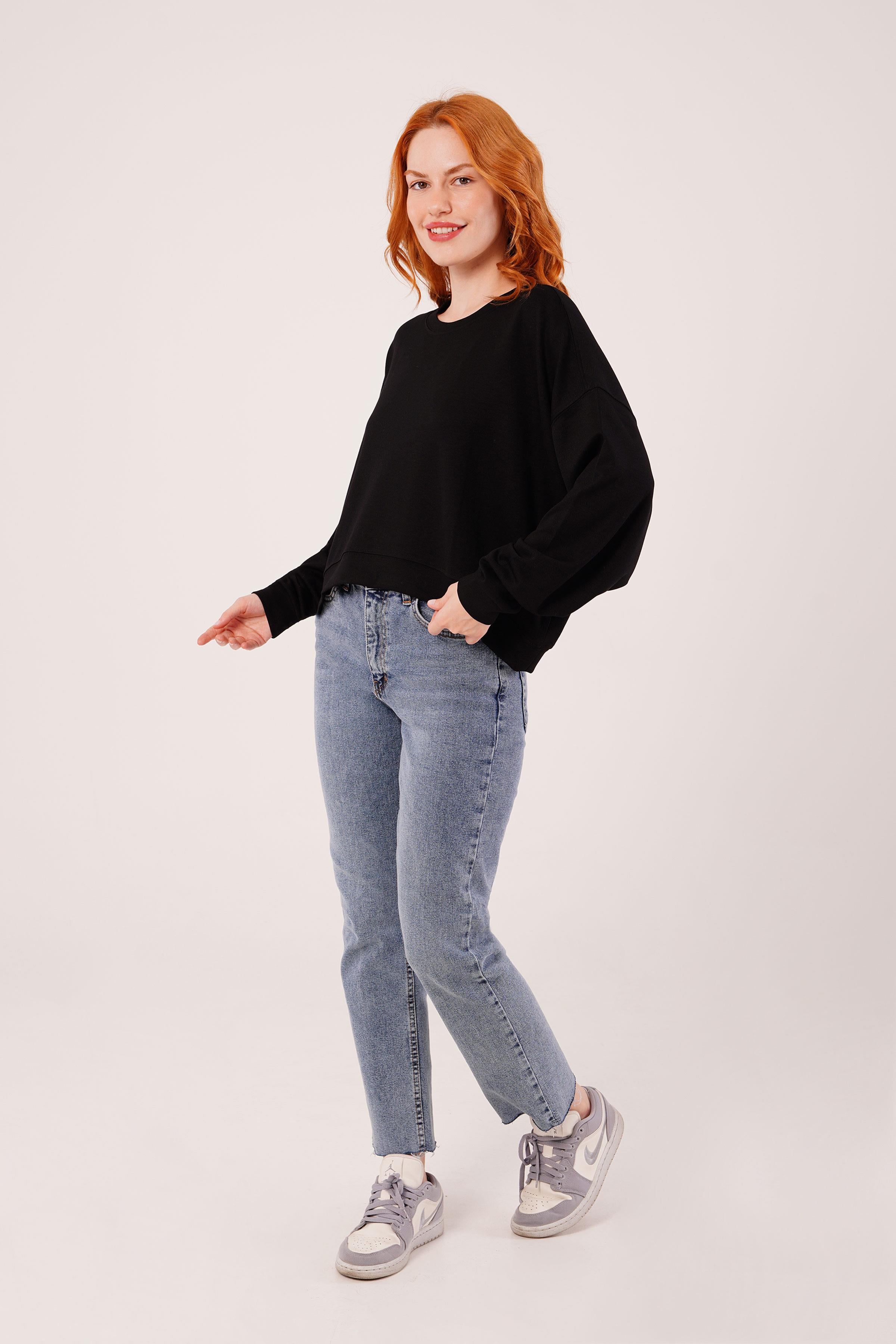Bisiklet Yaka Basic Modal Siyah Toptan Sweatshirt