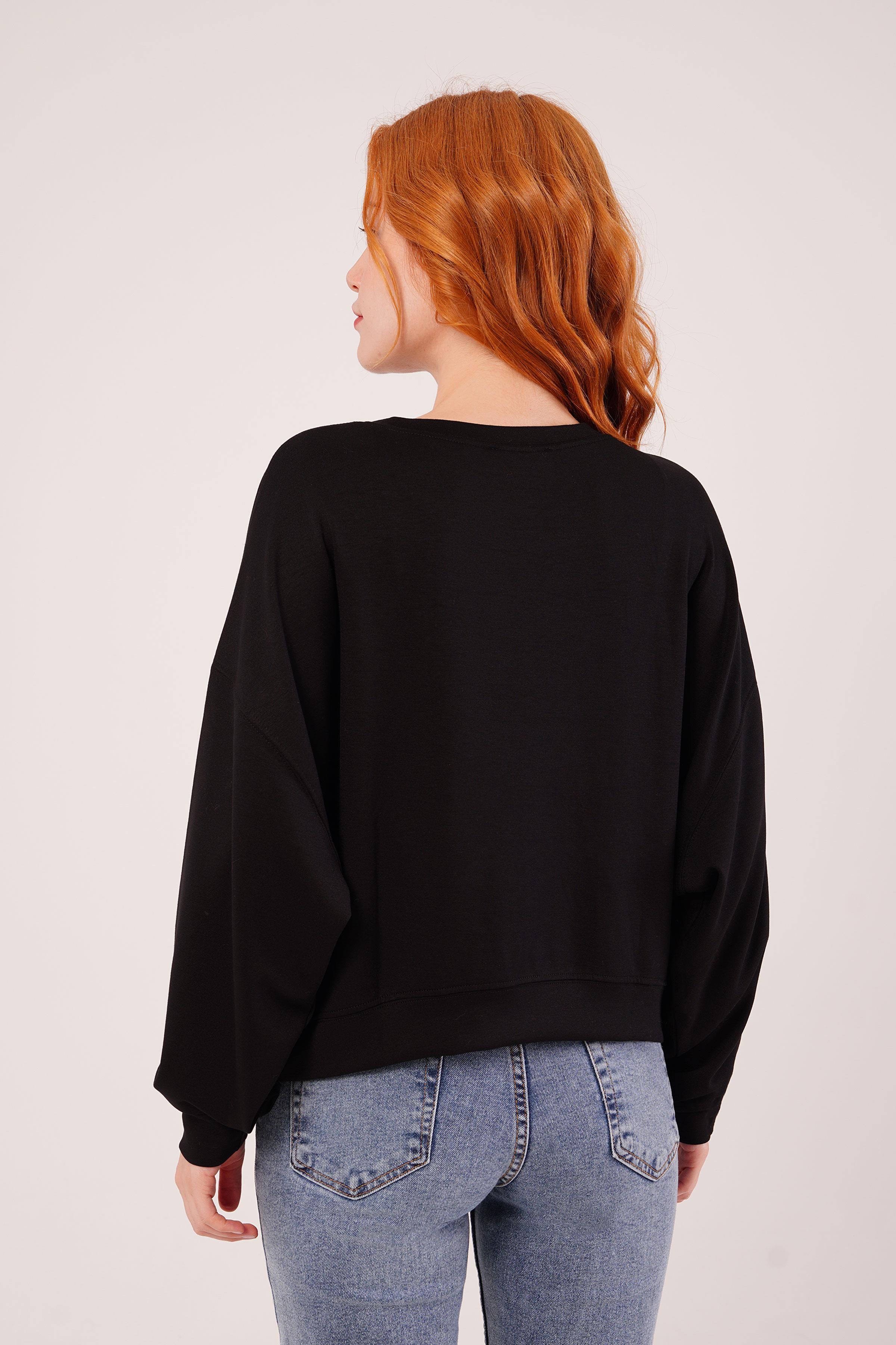 Bisiklet Yaka Basic Modal Siyah Toptan Sweatshirt