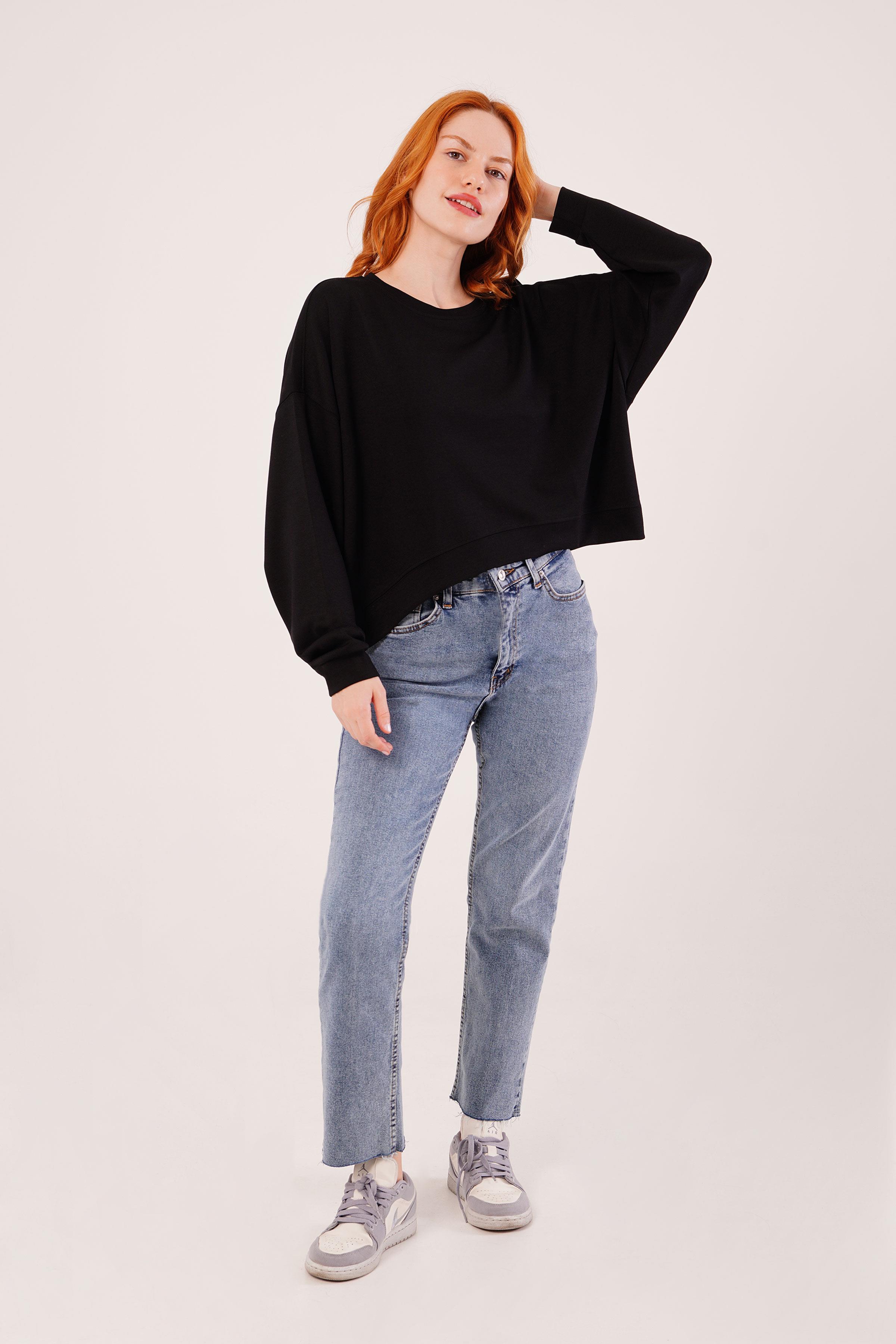 Bisiklet Yaka Basic Modal Siyah Toptan Sweatshirt