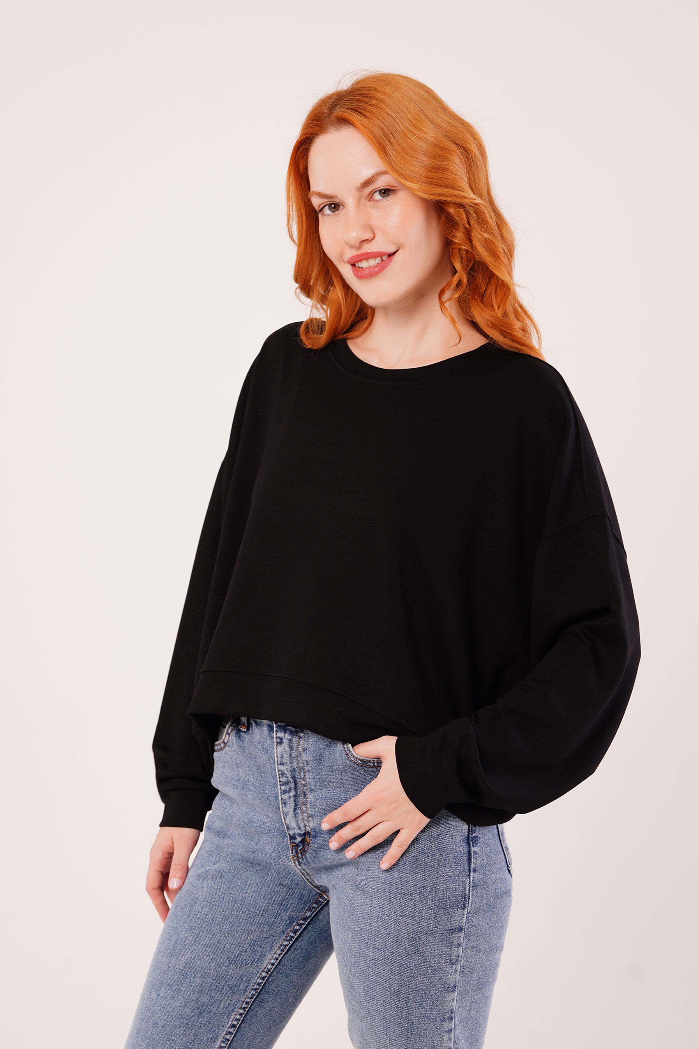 Bisiklet Yaka Basic Modal Siyah Toptan Sweatshirt