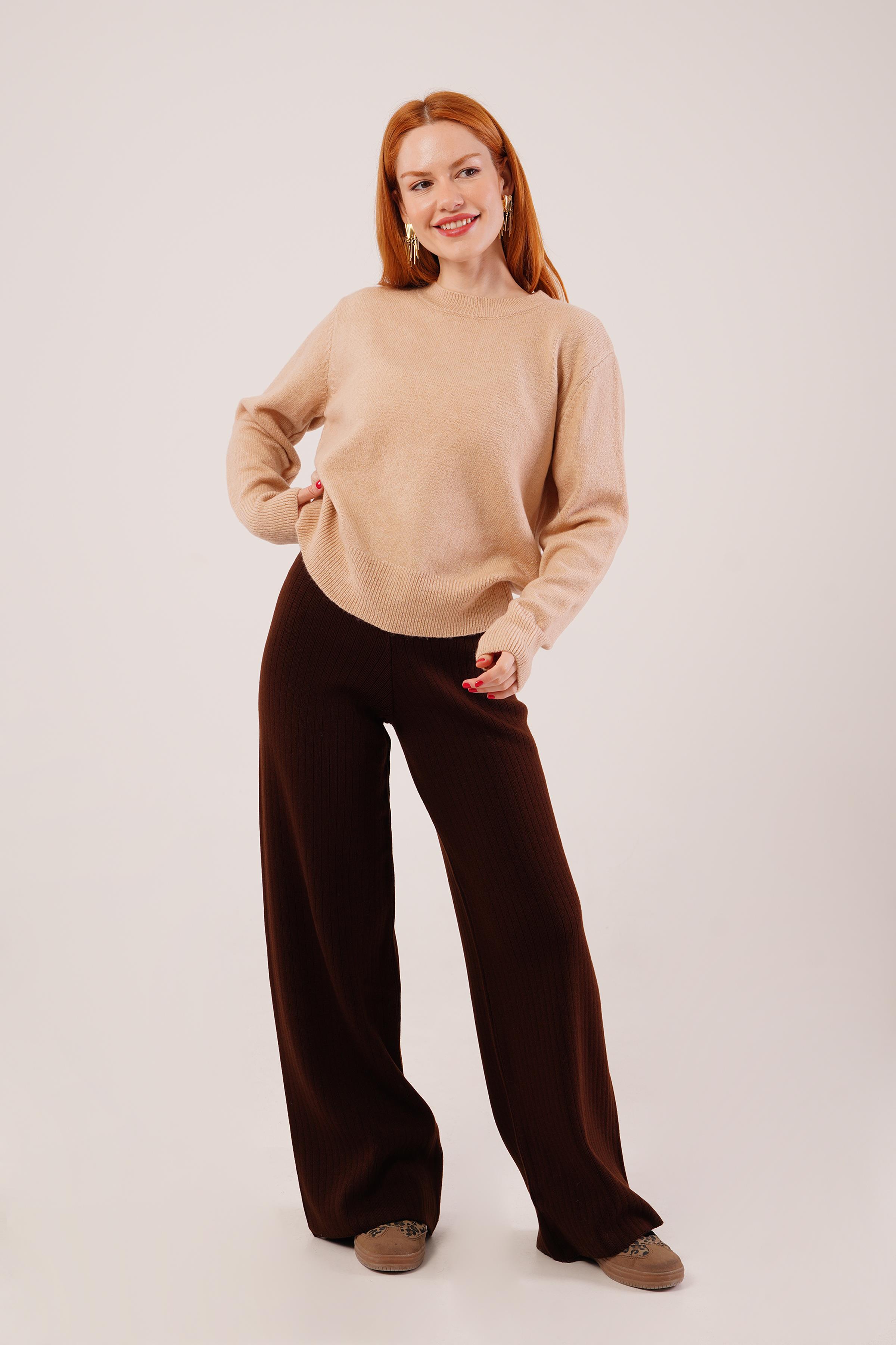 Bisiklet Yaka Düz Model Camel Triko Toptan Kazak