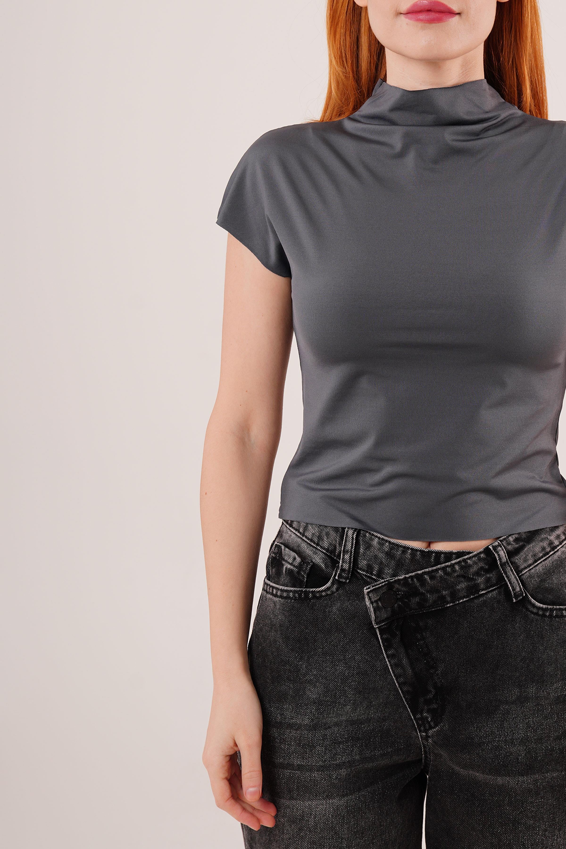 Boğazlı Parlak Kumaş Antrasit Toptan Crop