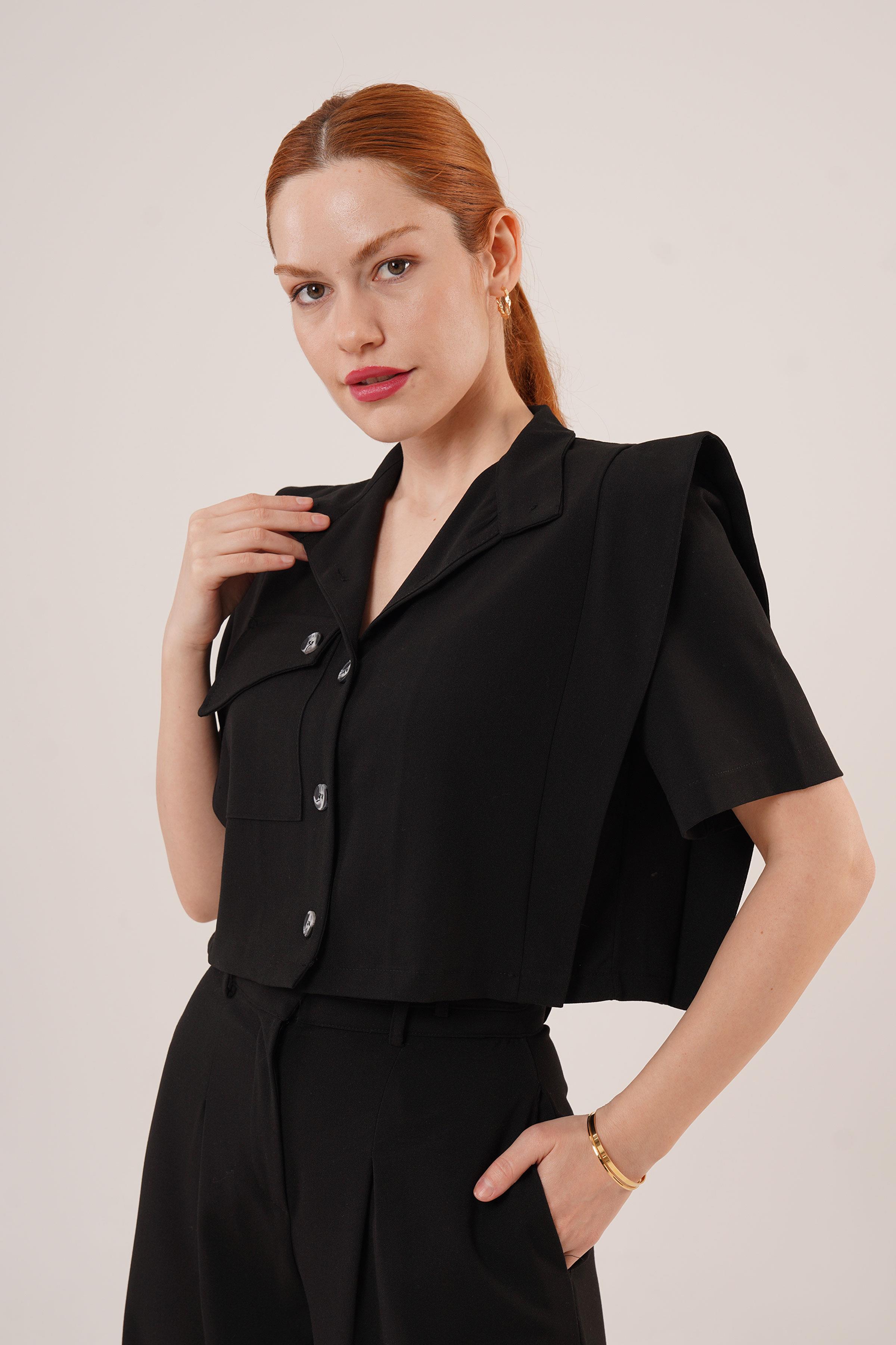 Cepli Düğmeli Bluz ve Diz Detaylı Pantolon Siyah Toptan İkili Takım