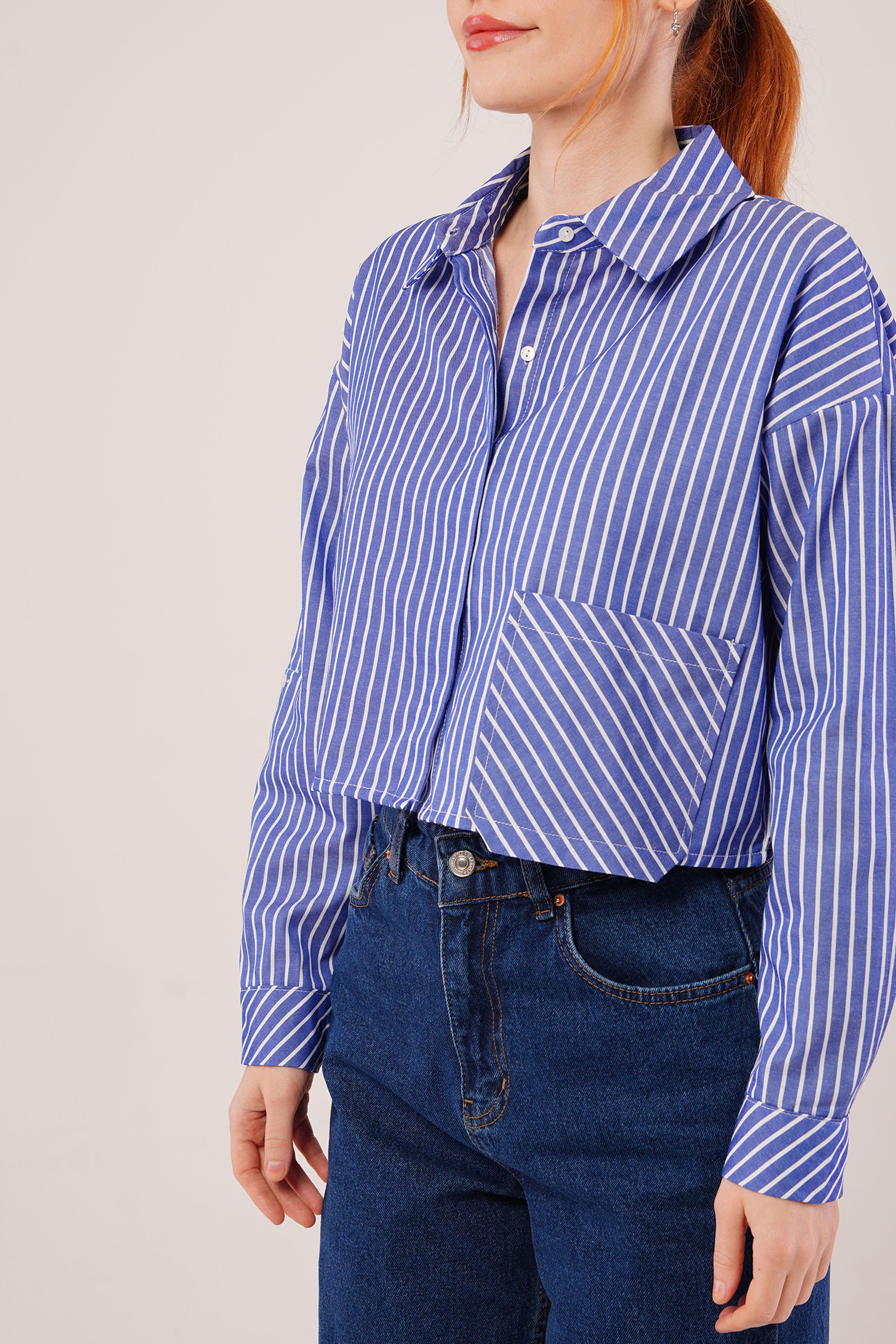 Crop Model Cepli ve Çizgili Mavi Toptan Gömlek