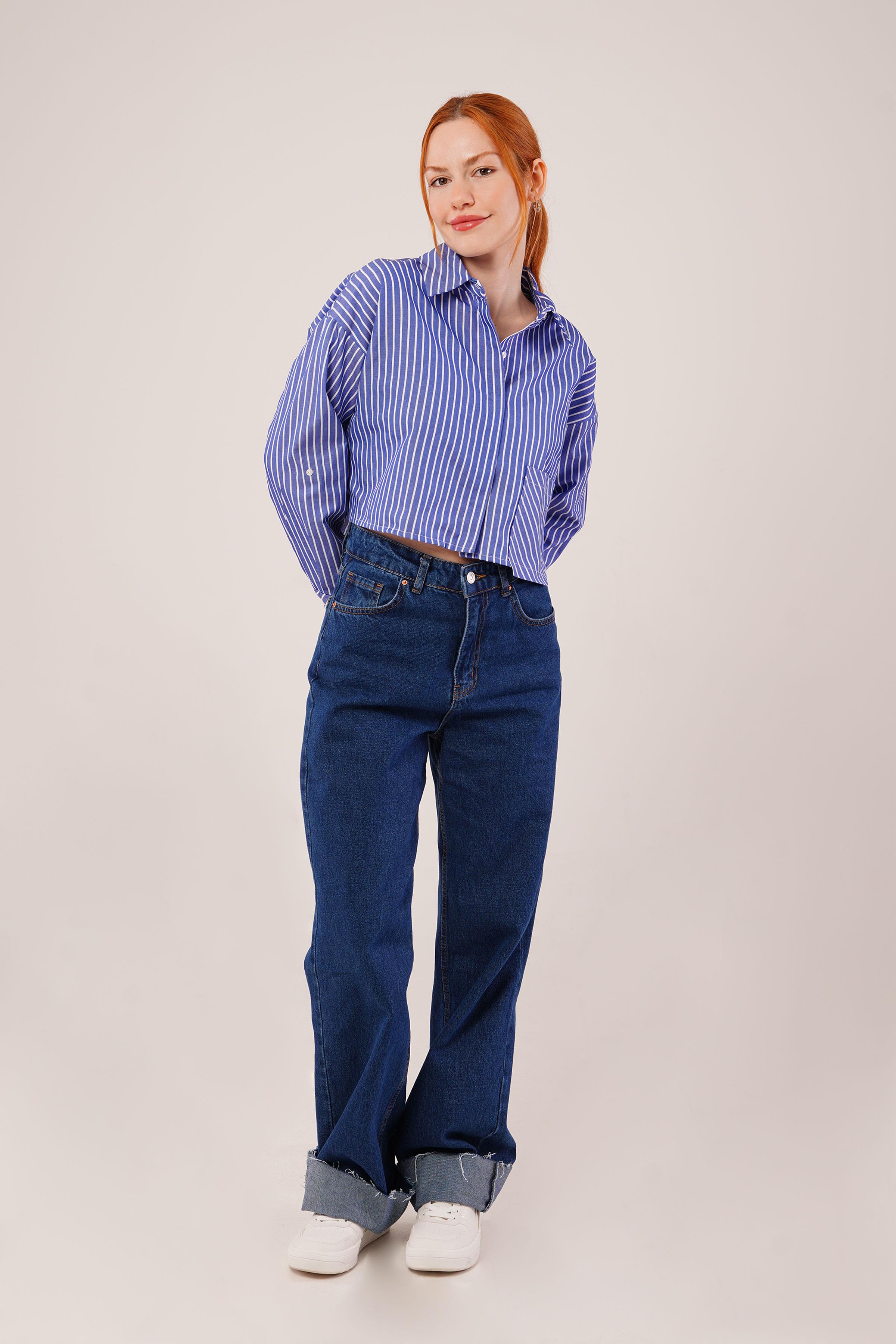 Crop Model Cepli ve Çizgili Mavi Toptan Gömlek