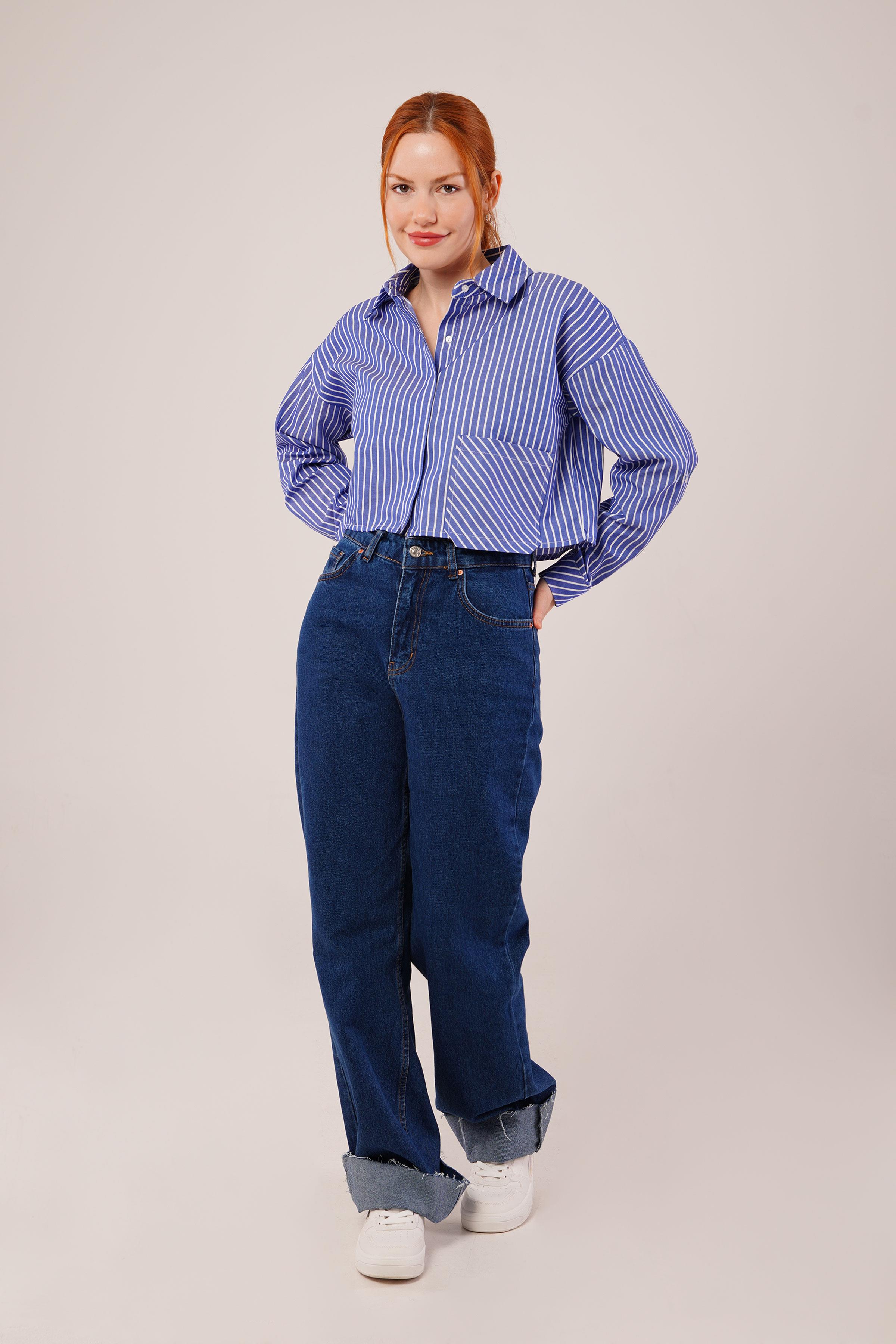 Crop Model Cepli ve Çizgili Mavi Toptan Gömlek