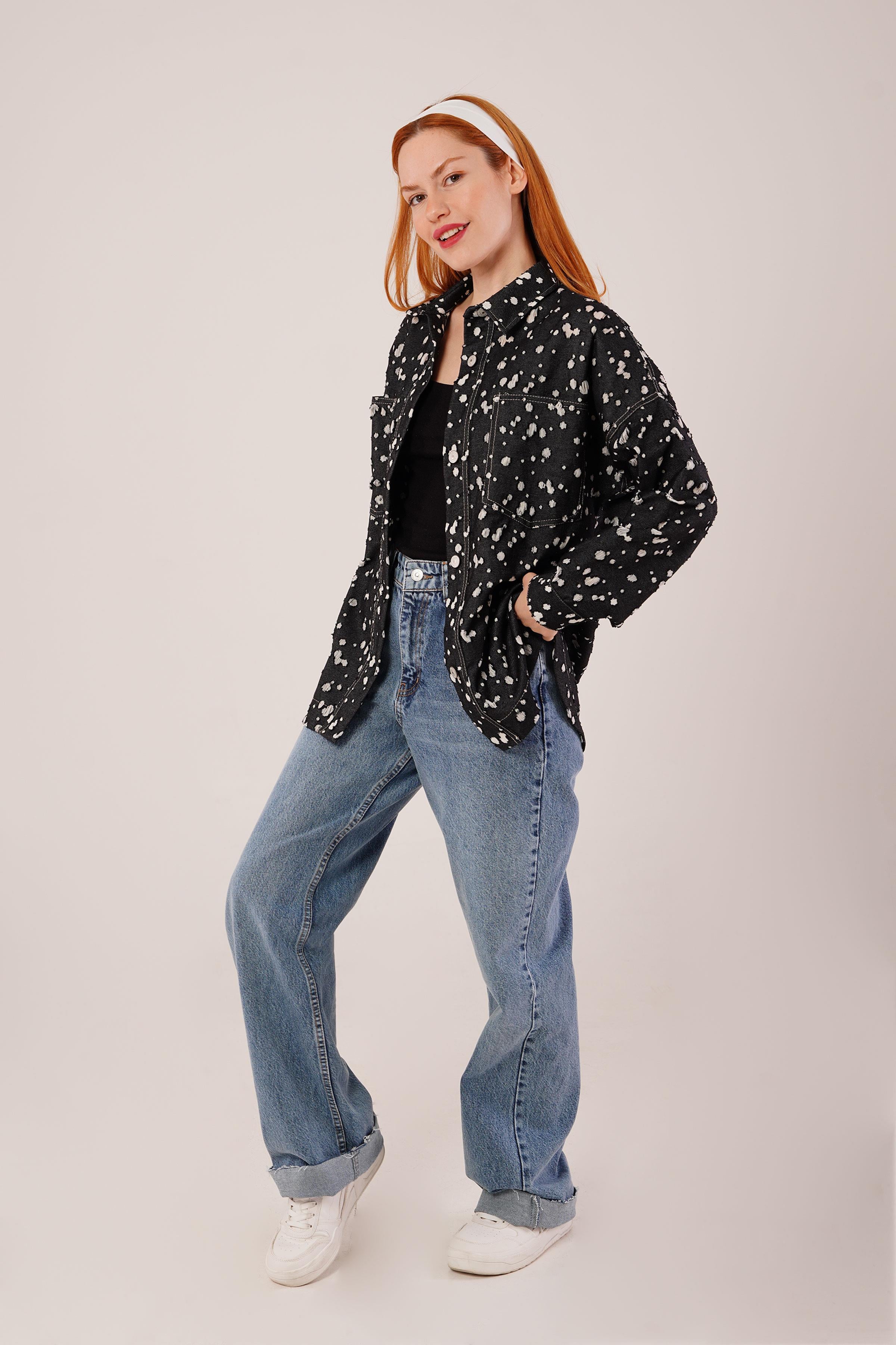 Eskitme Görünümlü Denim Toptan Siyah Gömlek