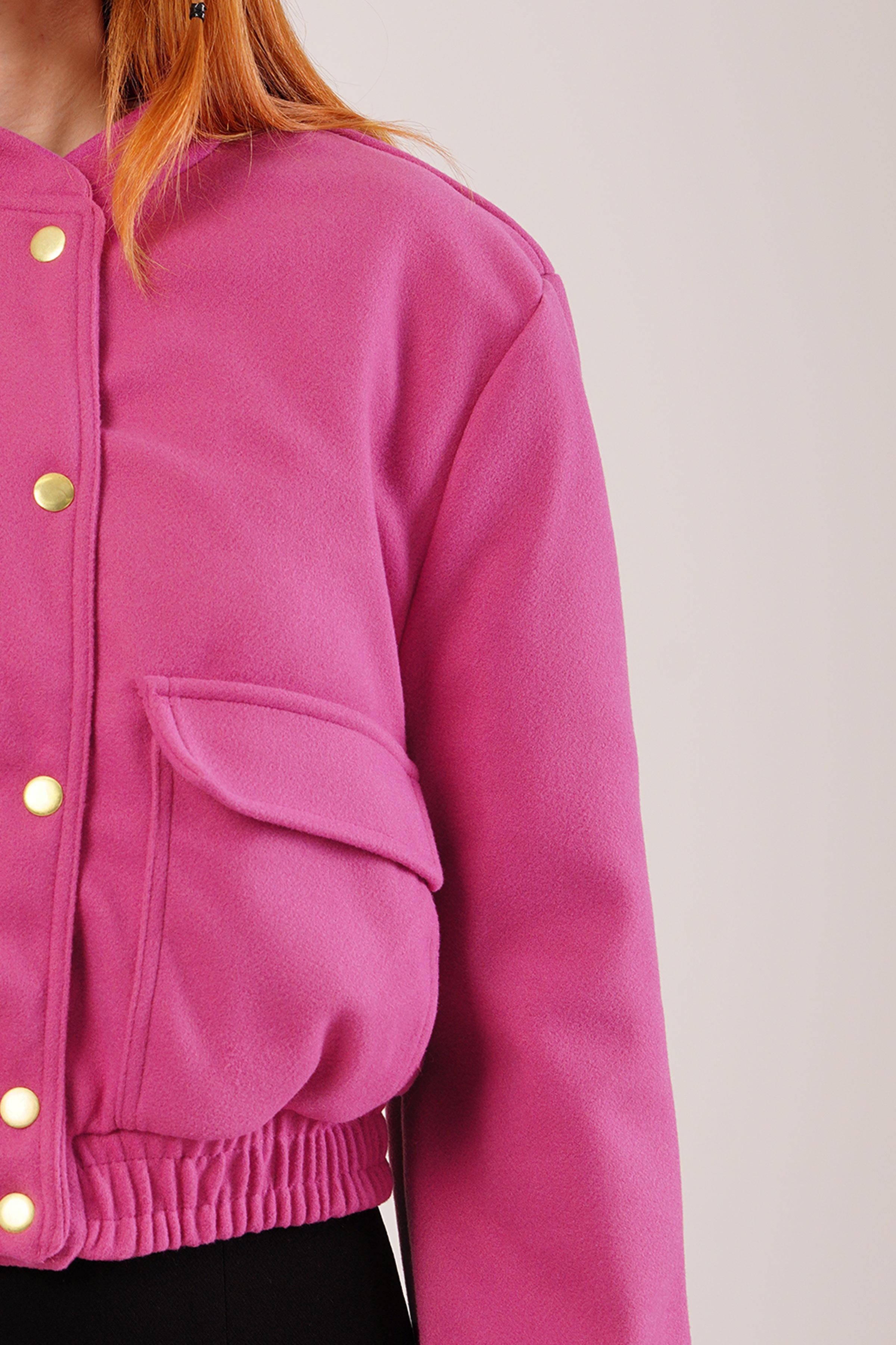Gold Düğmeli Kaşe Toptan Pembe Bomber Ceket