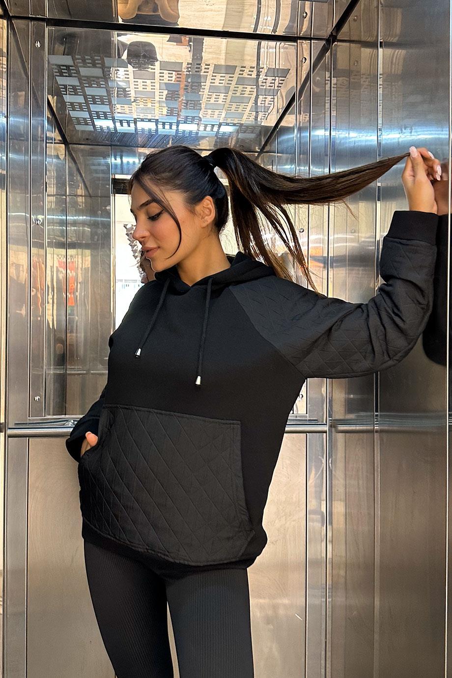Kapitone Desenli Kanguru Cep Siyah Sweatshirt