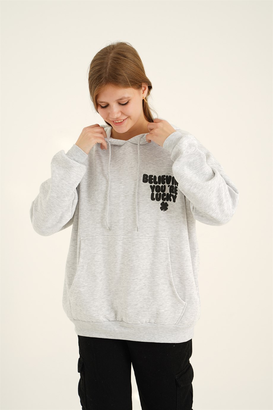 Kapüşonlu Arka Yazı Baskılı Gri Sweat