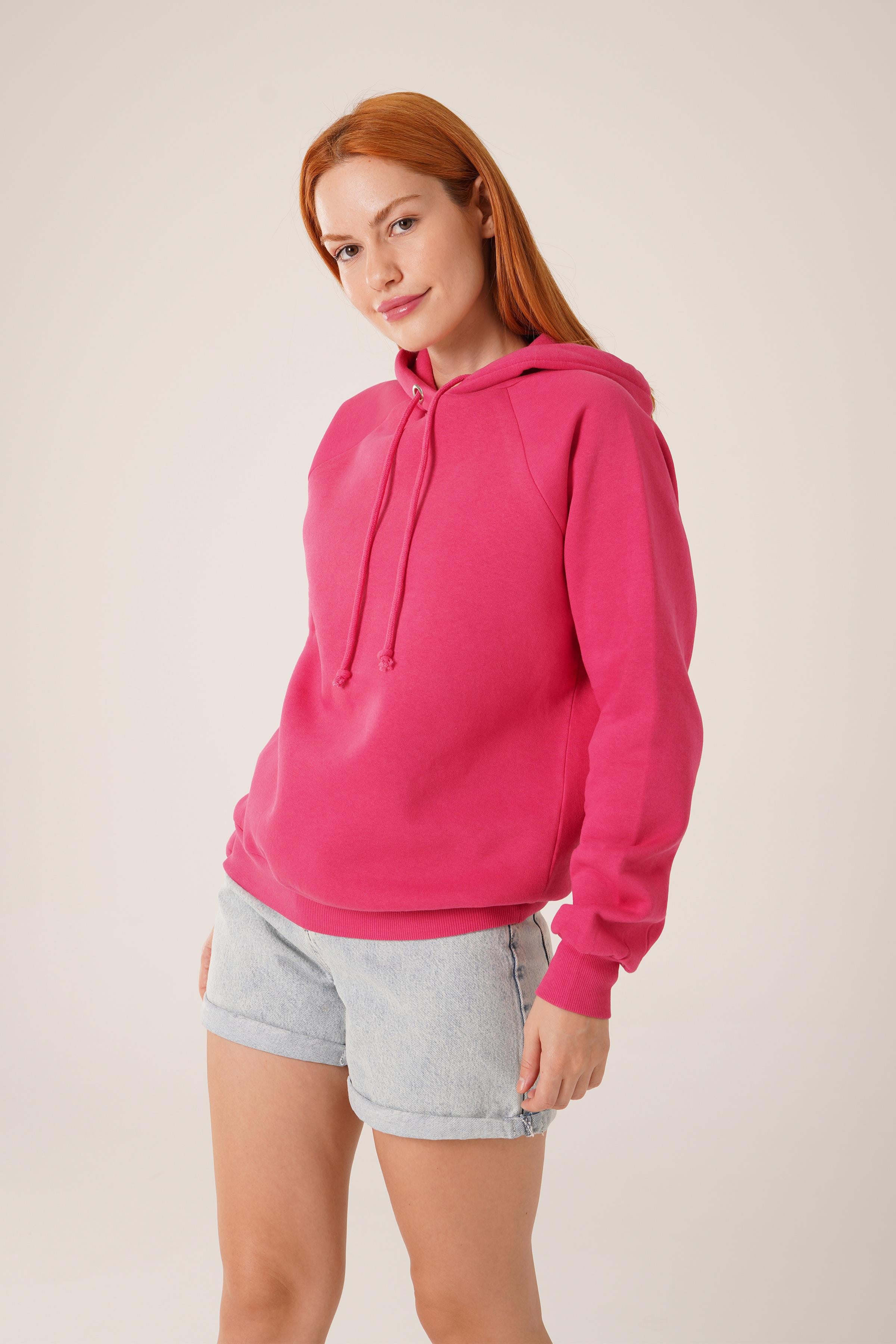 Kapüşonlu Basic Toptan Fuşya Sweat