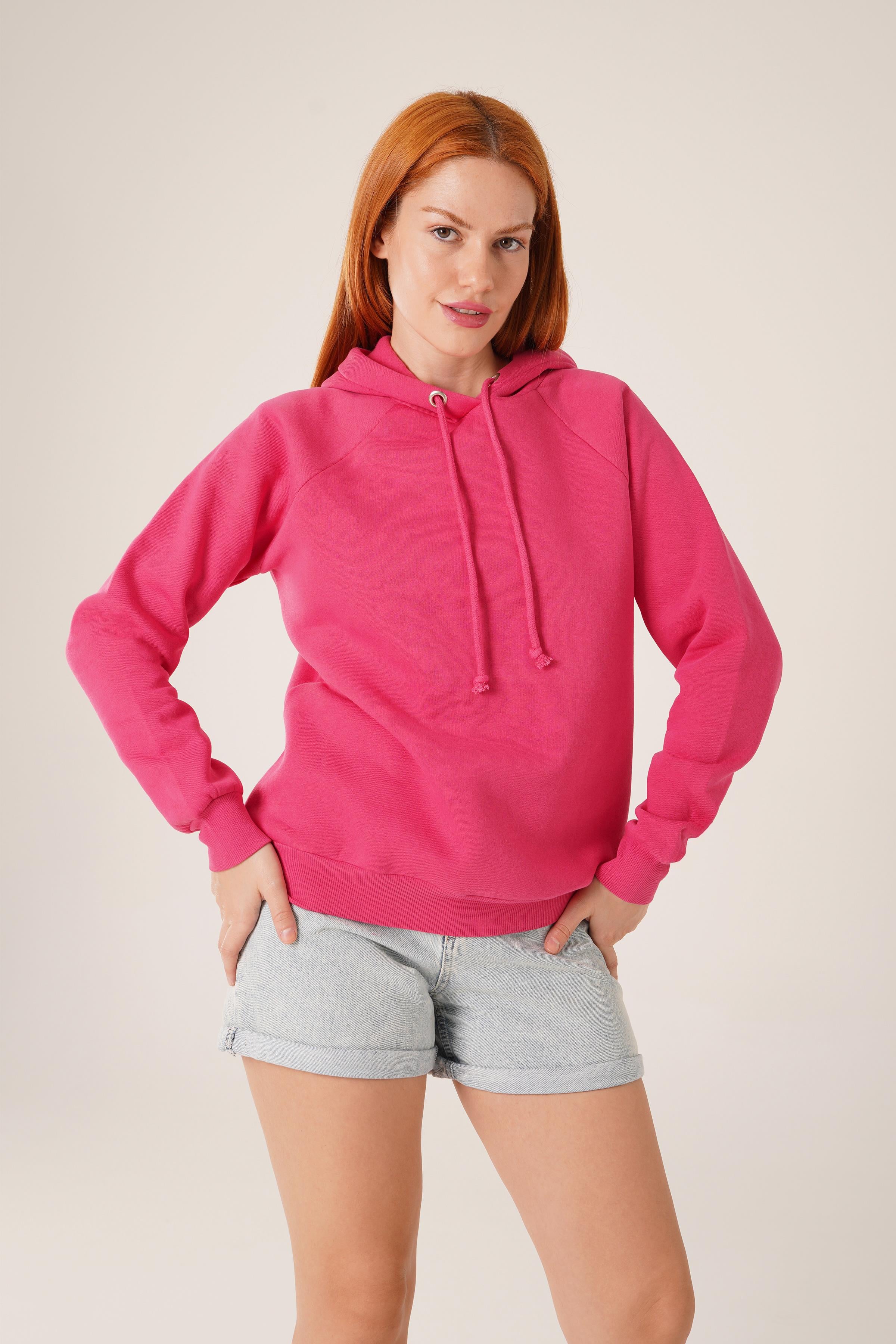 Kapüşonlu Basic Toptan Fuşya Sweat