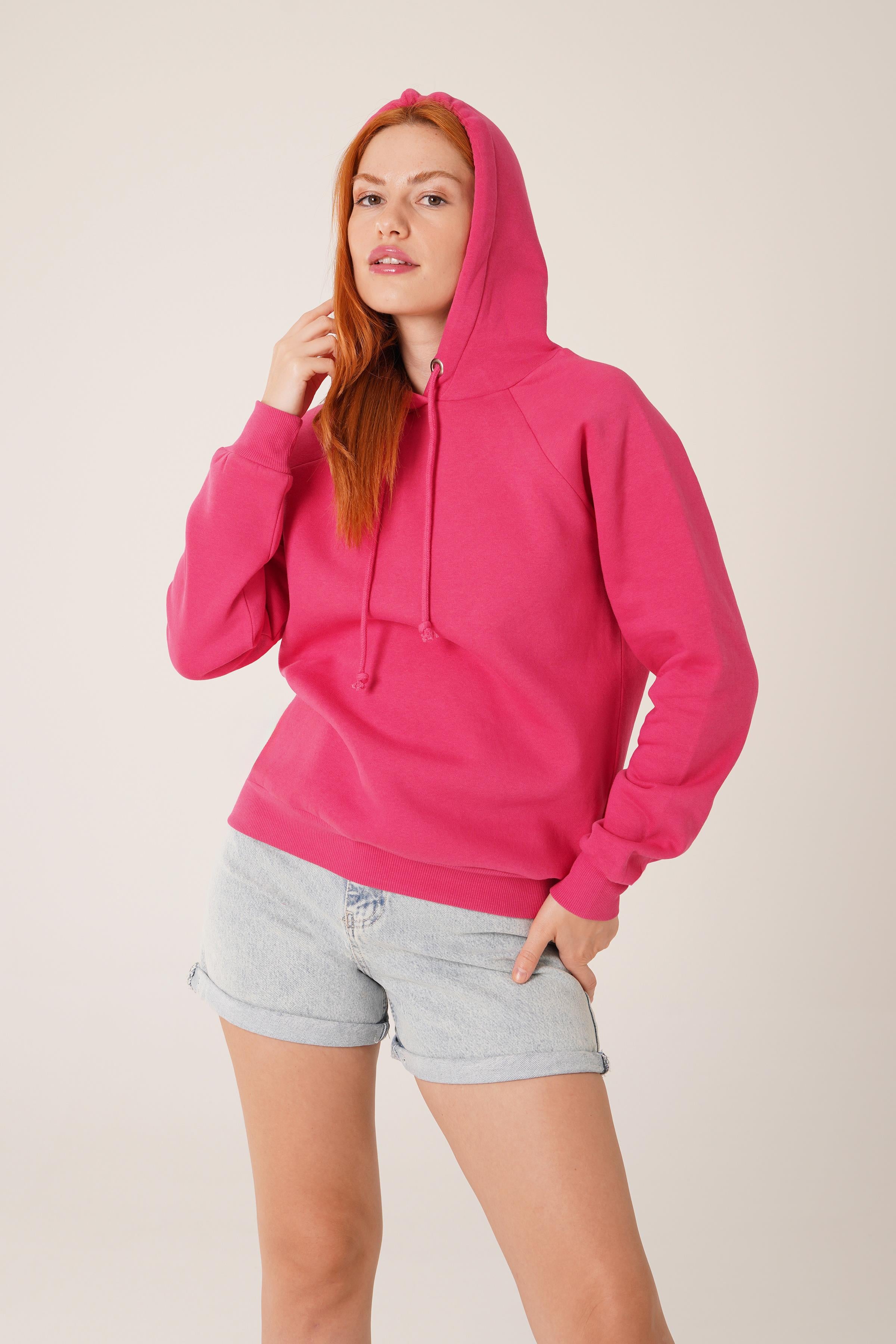 Kapüşonlu Basic Toptan Fuşya Sweat