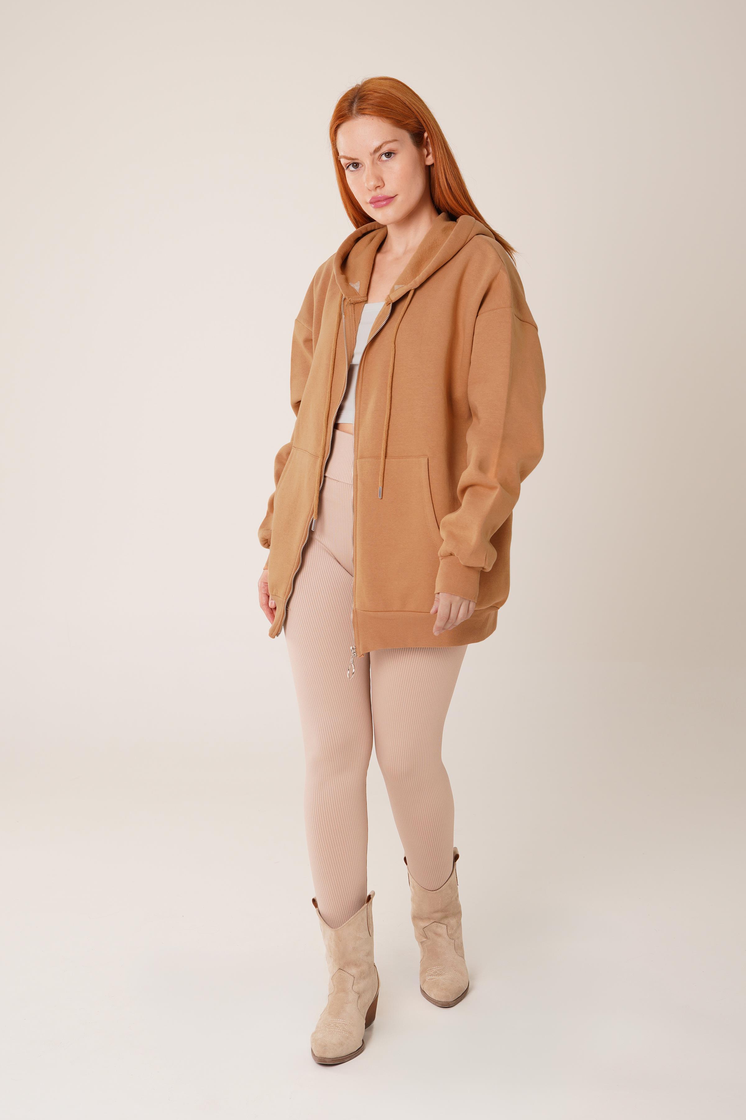 Kapüşonlu Fermuarlı Toptan Camel Hırka