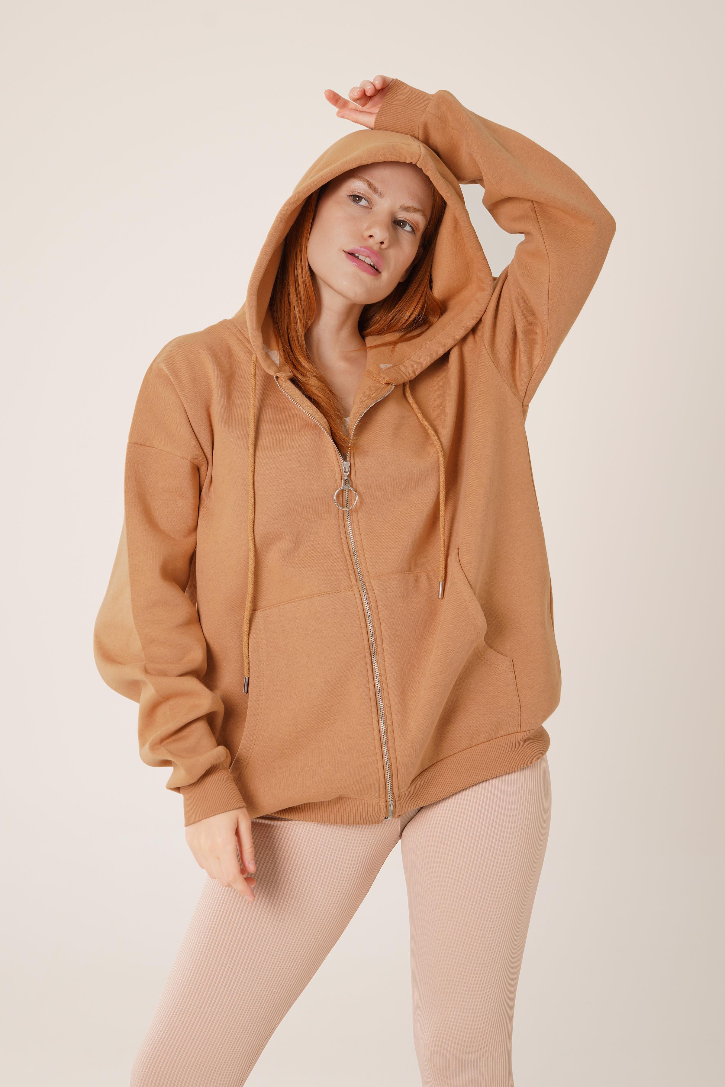 Kapüşonlu Fermuarlı Toptan Camel Hırka