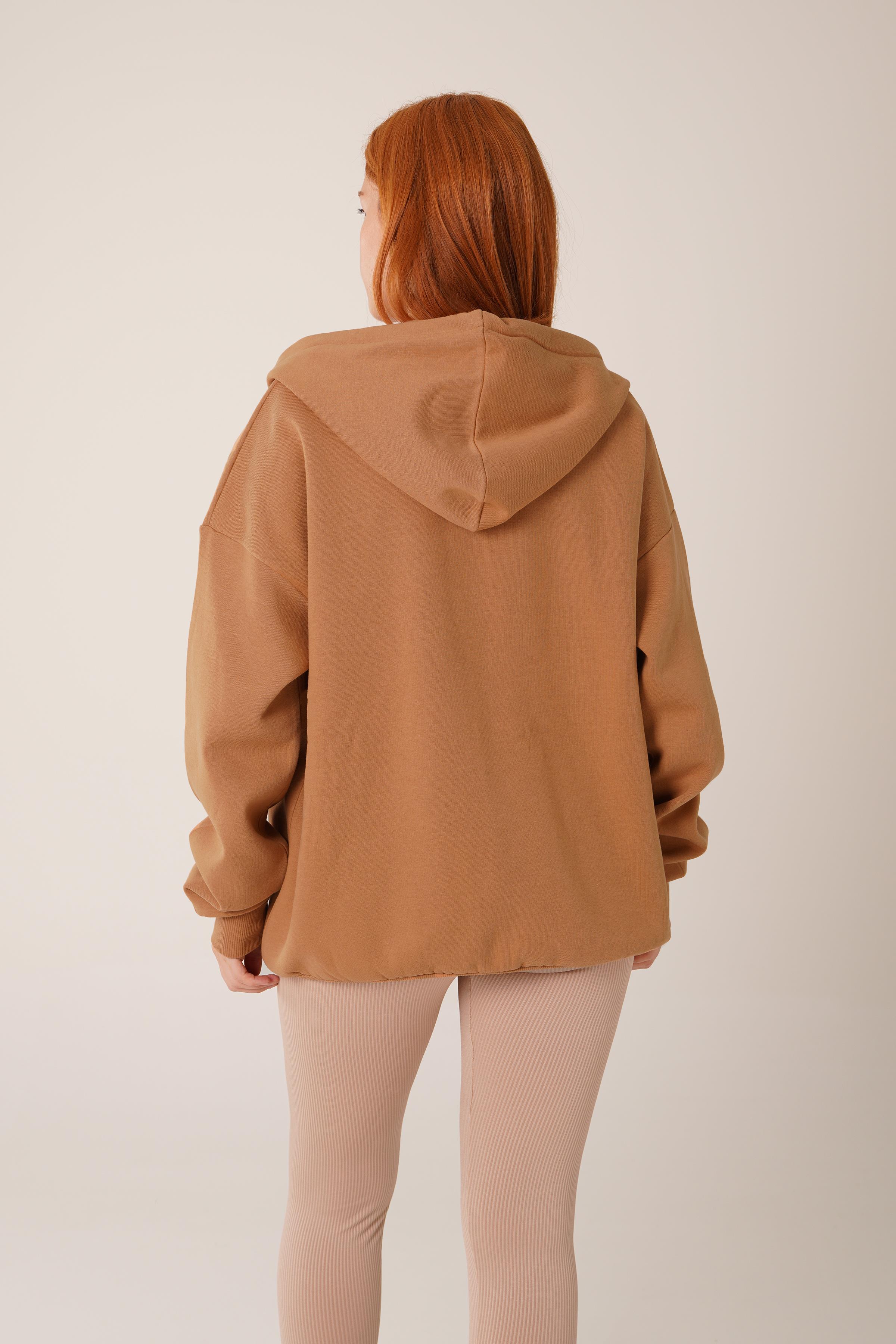 Kapüşonlu Fermuarlı Toptan Camel Hırka