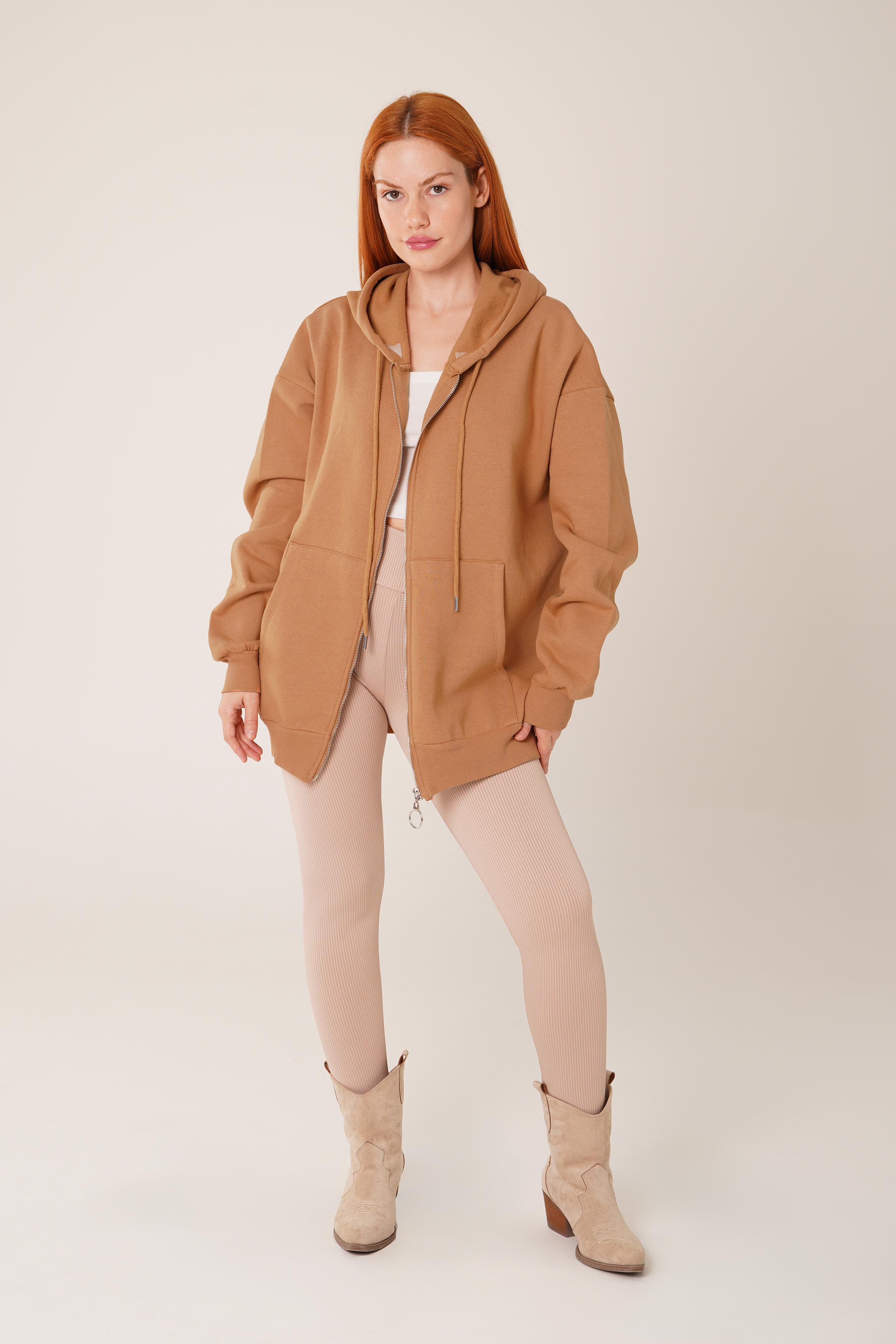 Kapüşonlu Fermuarlı Toptan Camel Hırka