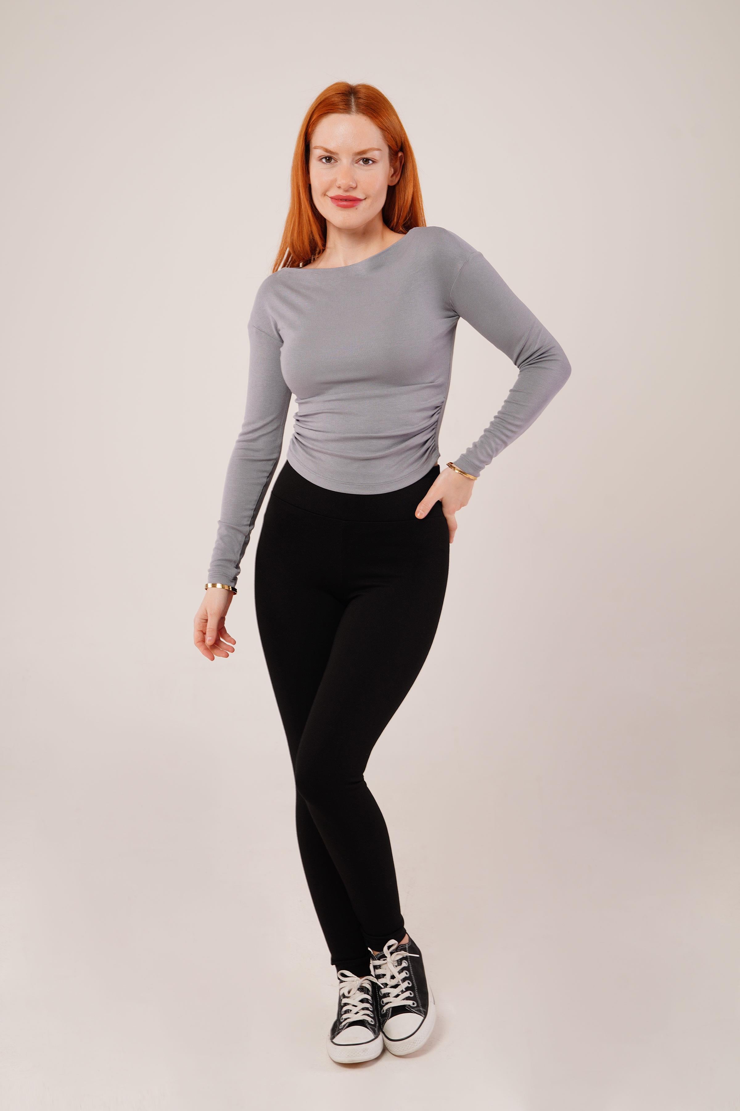 Yaka Detay Uzun Kollu Basic Gri Toptan Bluz