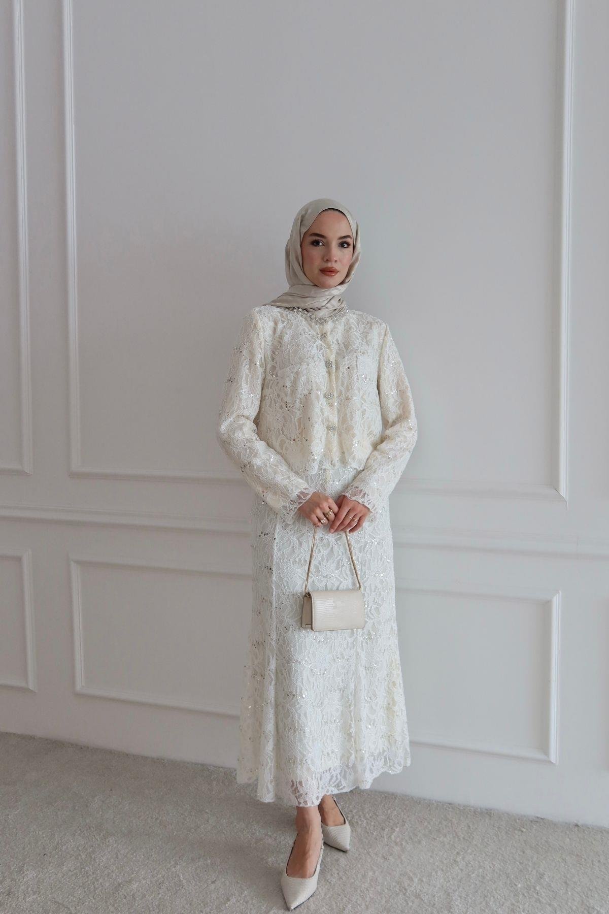 Aliya İthal Dantelli Takım Beyaz
