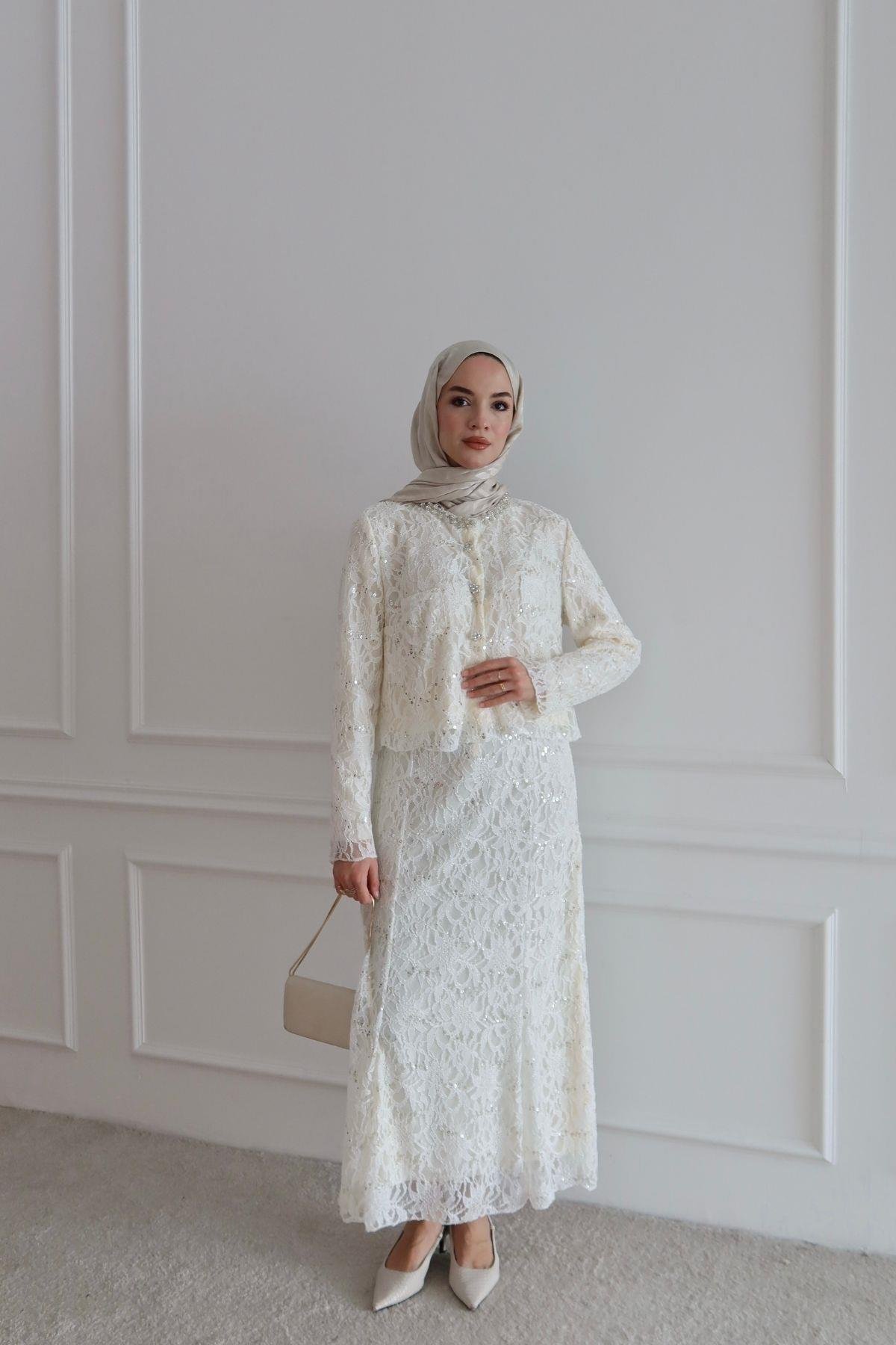 Aliya İthal Dantelli Takım Beyaz