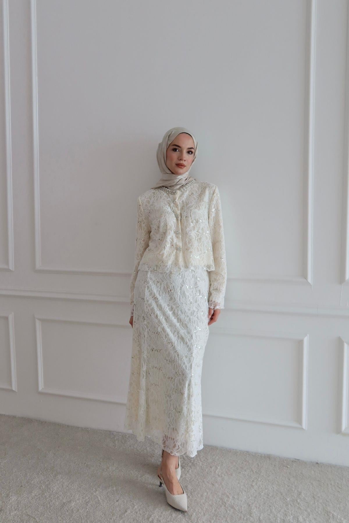 Aliya İthal Dantelli Takım Beyaz