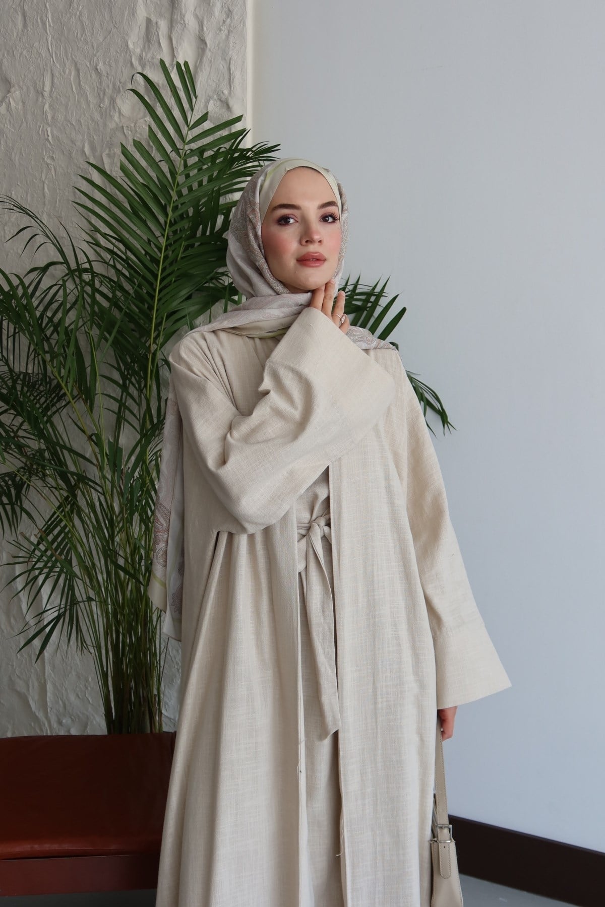 Alya Keten Abaya Takım Bej