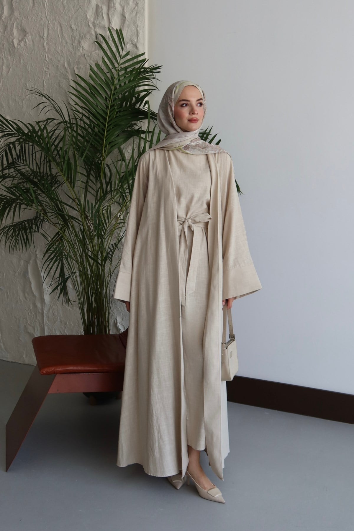 Alya Keten Abaya Takım Bej