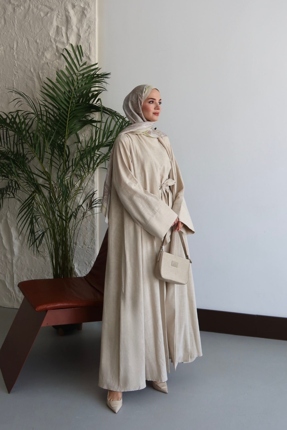 Alya Keten Abaya Takım Bej