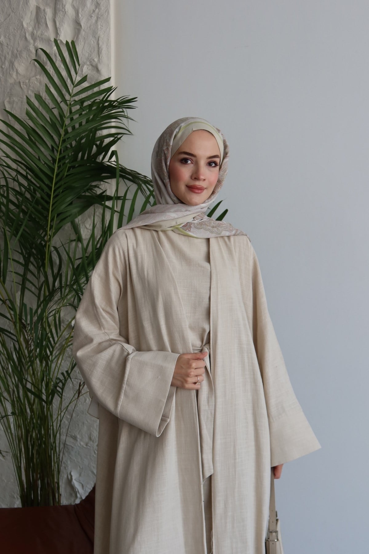 Alya Keten Abaya Takım Bej