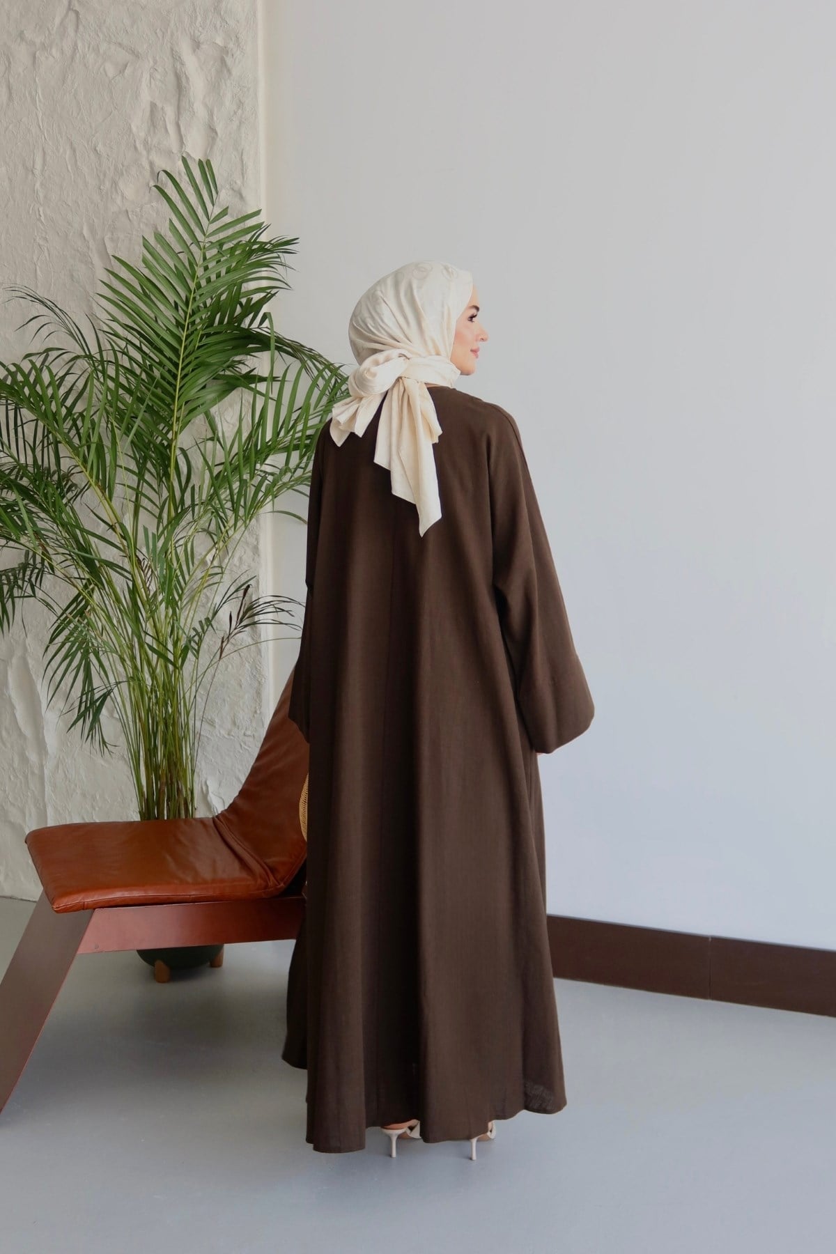 Alya Keten Abaya Takım Kahve