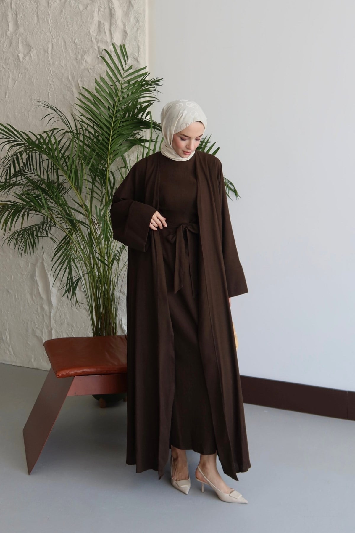 Alya Keten Abaya Takım Kahve