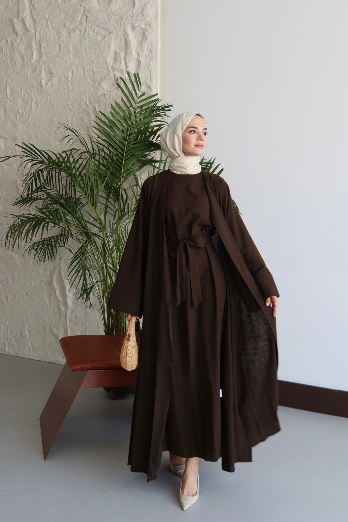 Alya Keten Abaya Takım Kahve