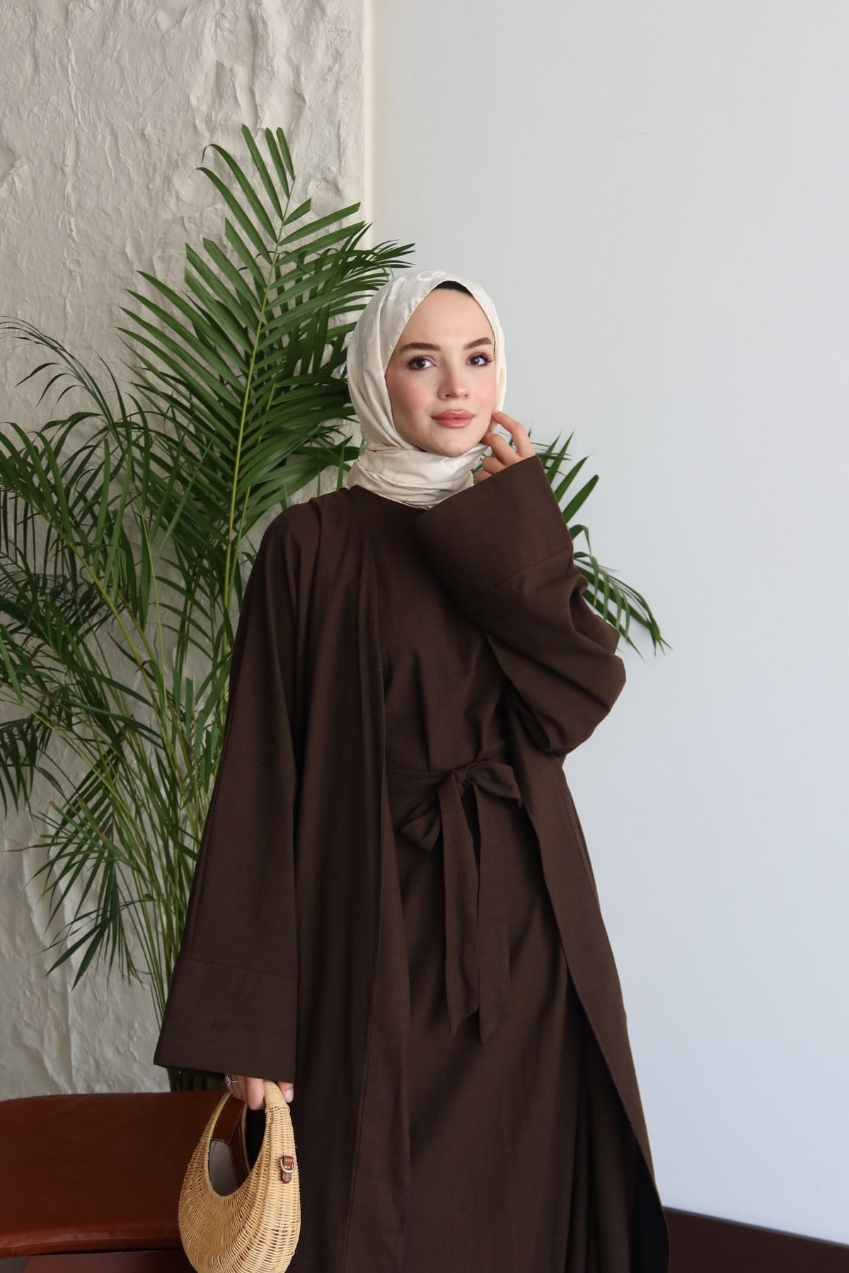Alya Keten Abaya Takım Kahve