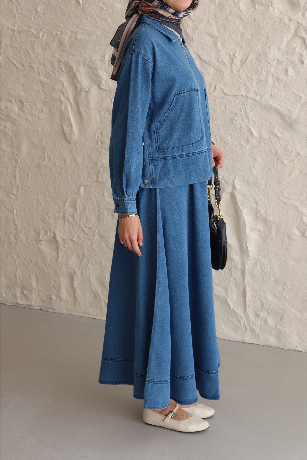 Asu Denim Etekli Takım Lacivert