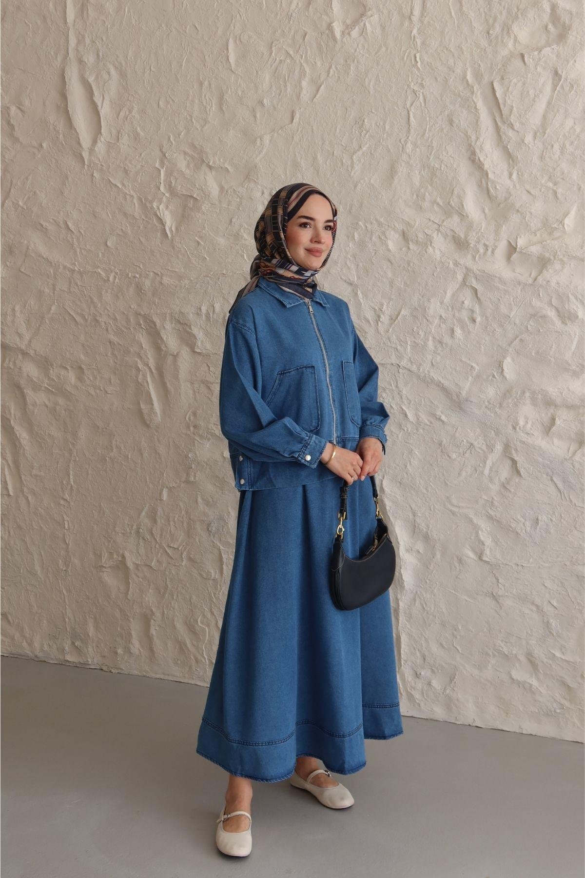 Asu Denim Etekli Takım Lacivert