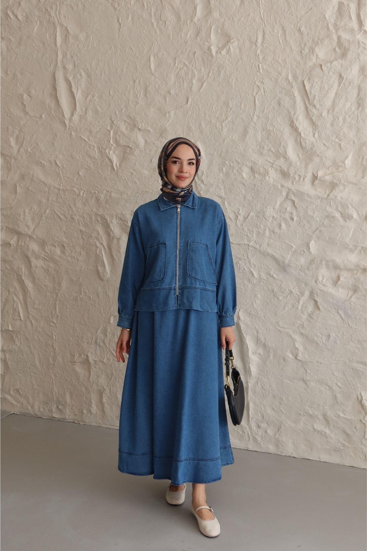 Asu Denim Etekli Takım Lacivert