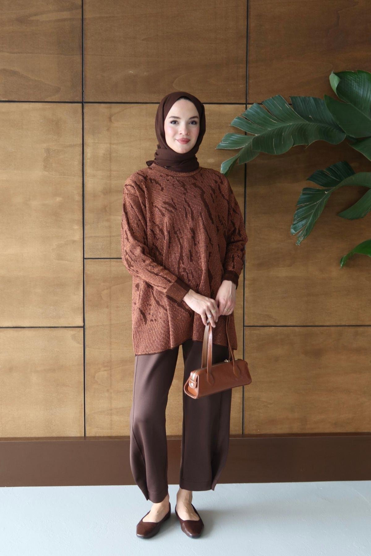 Bukre Zebra Desen Tunik Kahverengi