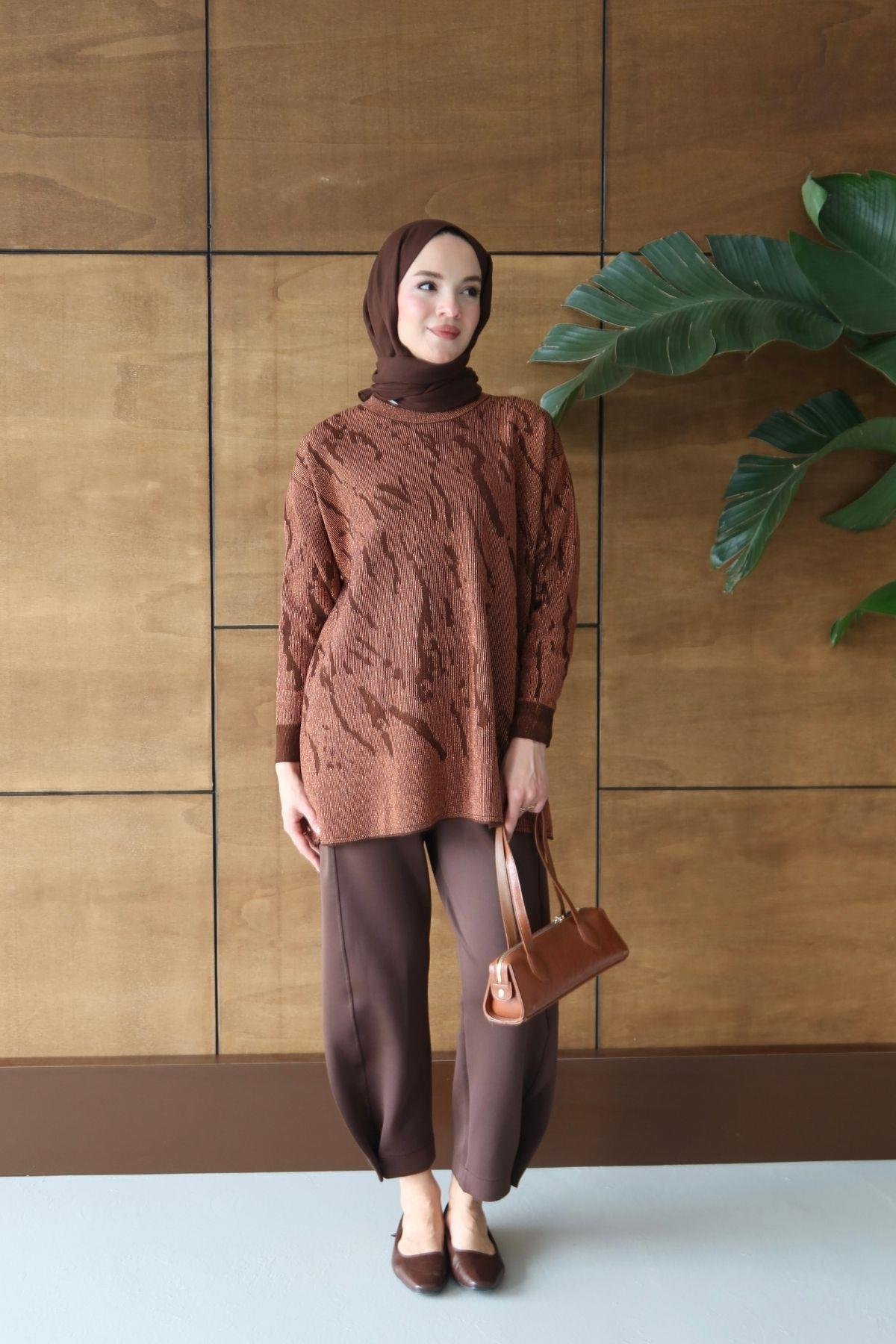 Bukre Zebra Desen Tunik Kahverengi